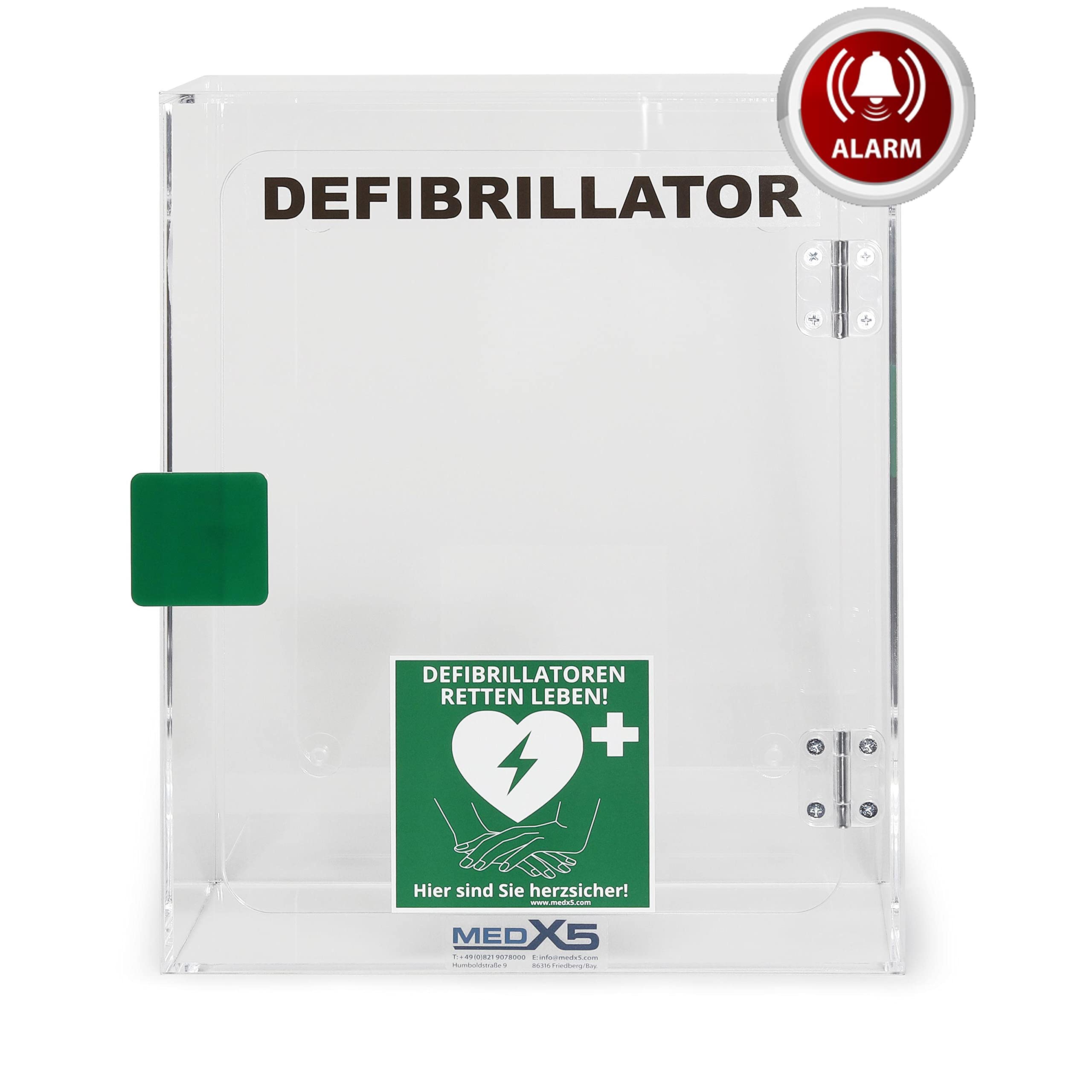 MedX5 Teca per Defibrillatore, Armadietto per Defibrillatori, Uso Interno con Allarme (95db), Adatto a tutti i Defibrillatori, Made in Germany