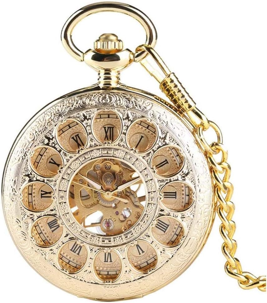 Pocket Watch,Mechanical Pocket Watch, Round Clamshell Acrylic Mirror, Roman Scale Pocket Watch,Skeleton Mechanical Double Case Hand-Wind Roman Numerals Antique Chain Mens
