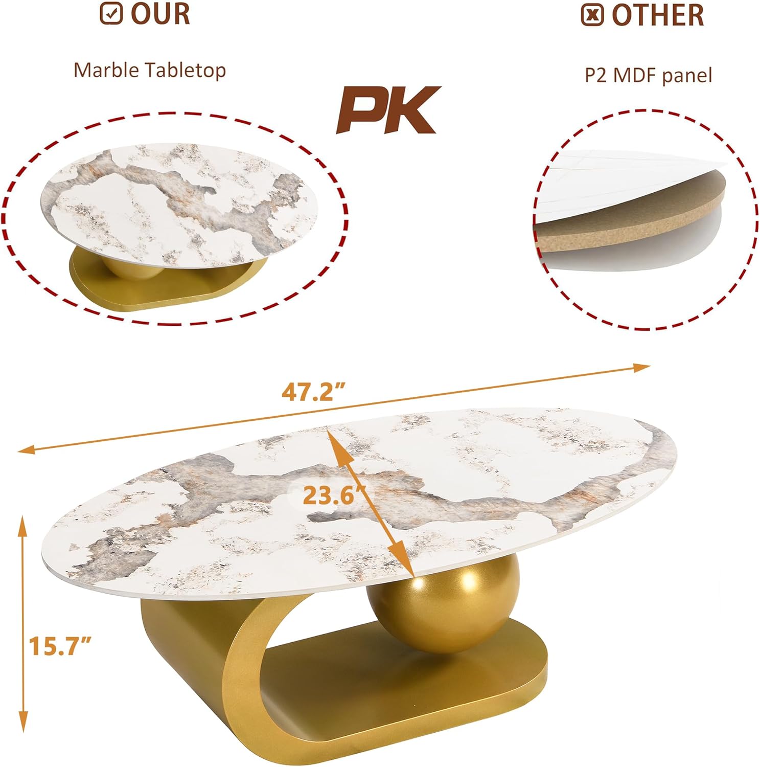 Gold Oval Marble Coffee Table Modern Sintered Stone Top Stainless Steel Base 47.2Inch Living Room Center Cocktail Tables Large (Gold+Khaki, 47inch)