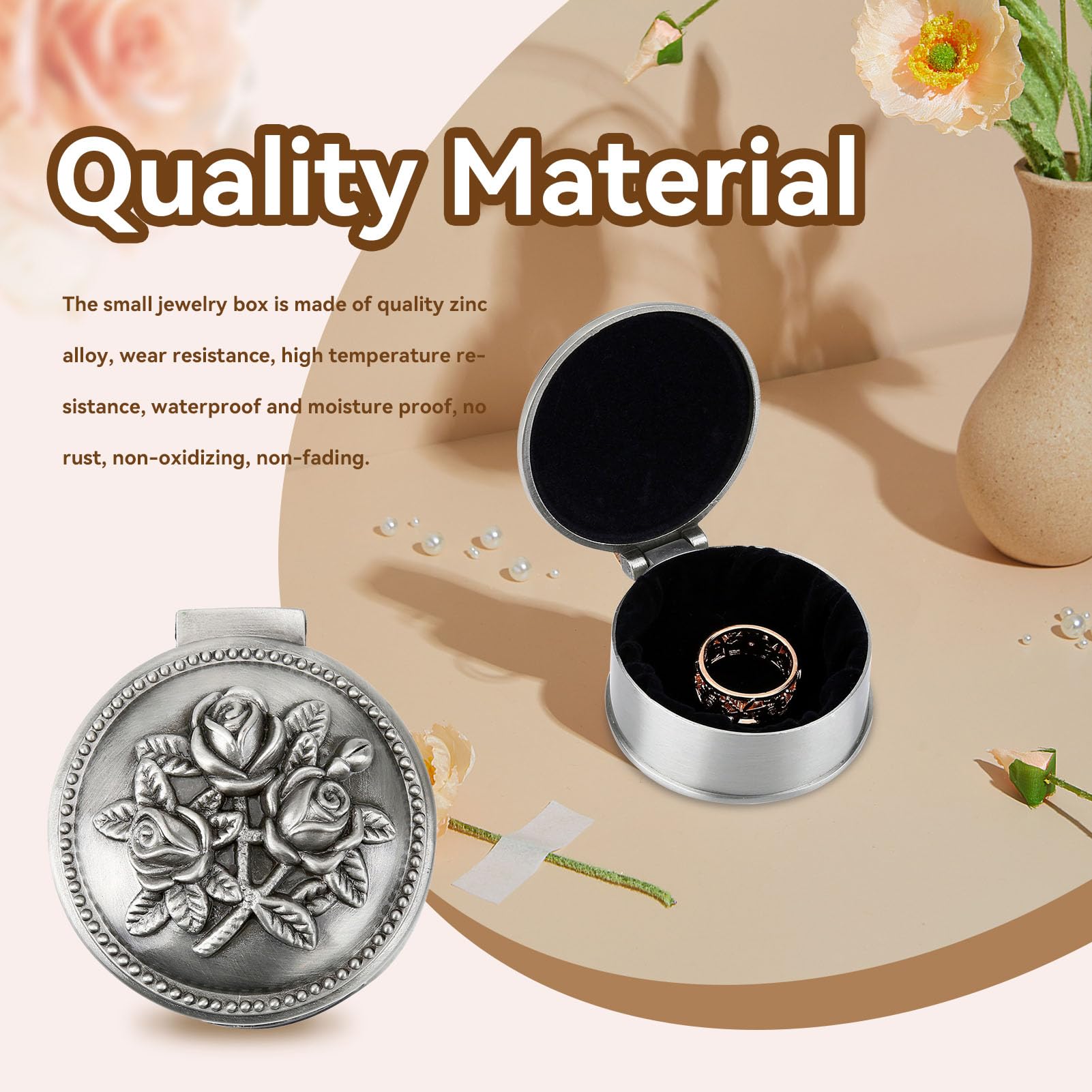 Agatige Vintage Jewelry Box, Round Embossed Rose Flower Pattern Trinket Box Earrings Rings Gift