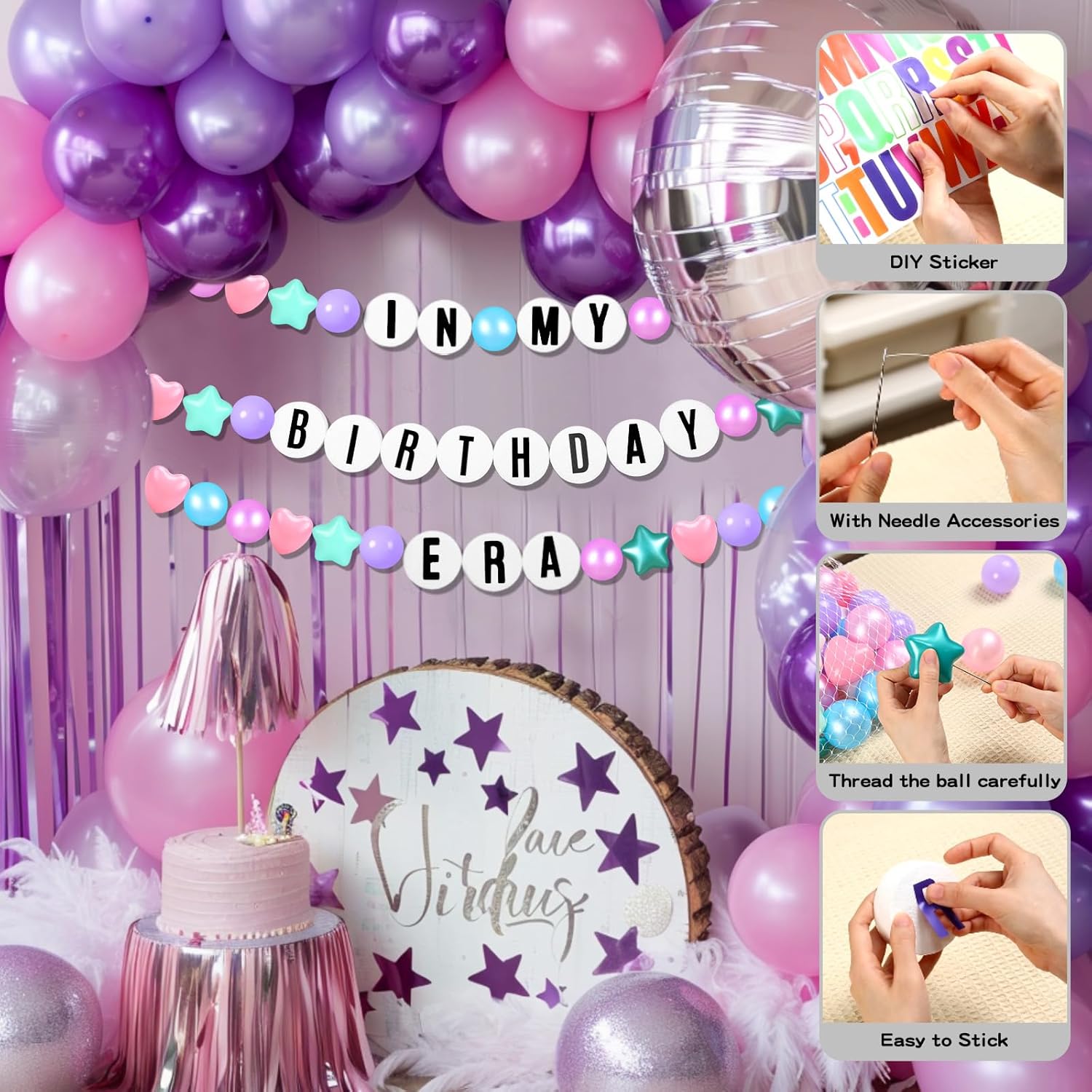 Giant Friendship Bracelet Garland with 50 Plastic Balls,24 PCS Foam Circles for Crafts Kit, Create Vibrant Birthday/Christmas Party Hangings with Star Shaped & Round Balls (Pearl Green Pink Blue)