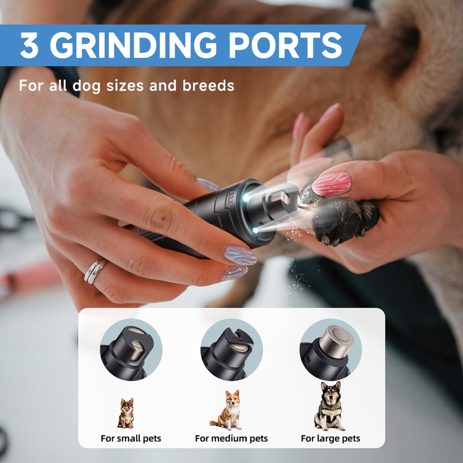 Dog Nail Grinder Quiet 2-Speed Pet Nail Grinder with 3 Led Lights and 3 Ports Rechargeable Electric Dog Nail Trimmer for Large and Small Dogs/Cats and Small Animals Safe (Black) - image 5