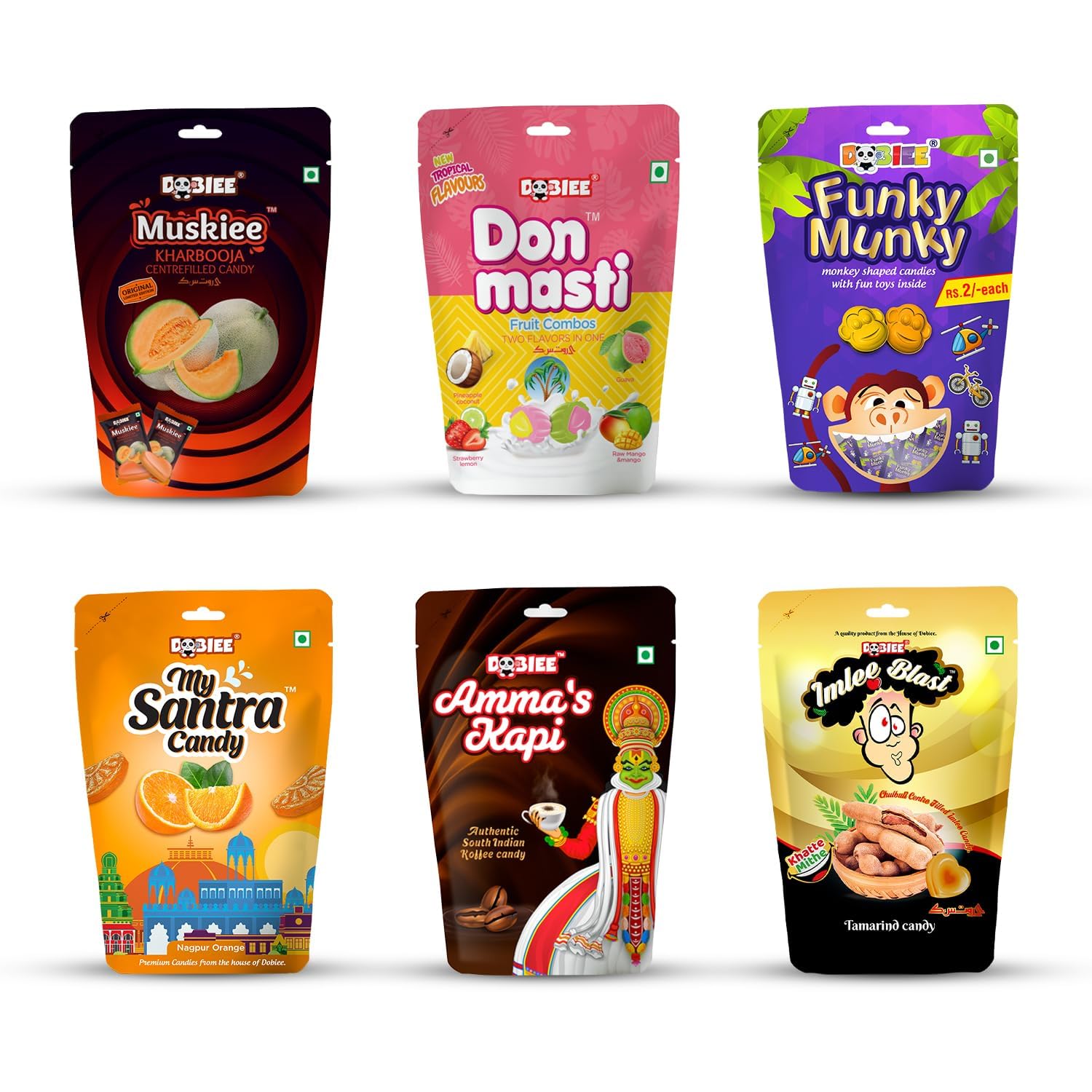 DOBIEE Mix Fruit Flavour Centre Filled Candies Combo of 6 Assorted Pack (Muskiee 50pcs, Don Masti 50pcs, Funky Munky 50pcs, My Santra Candy 50pcs, Ammas Kapi 50pcs, Imlee Blast 50pcs)