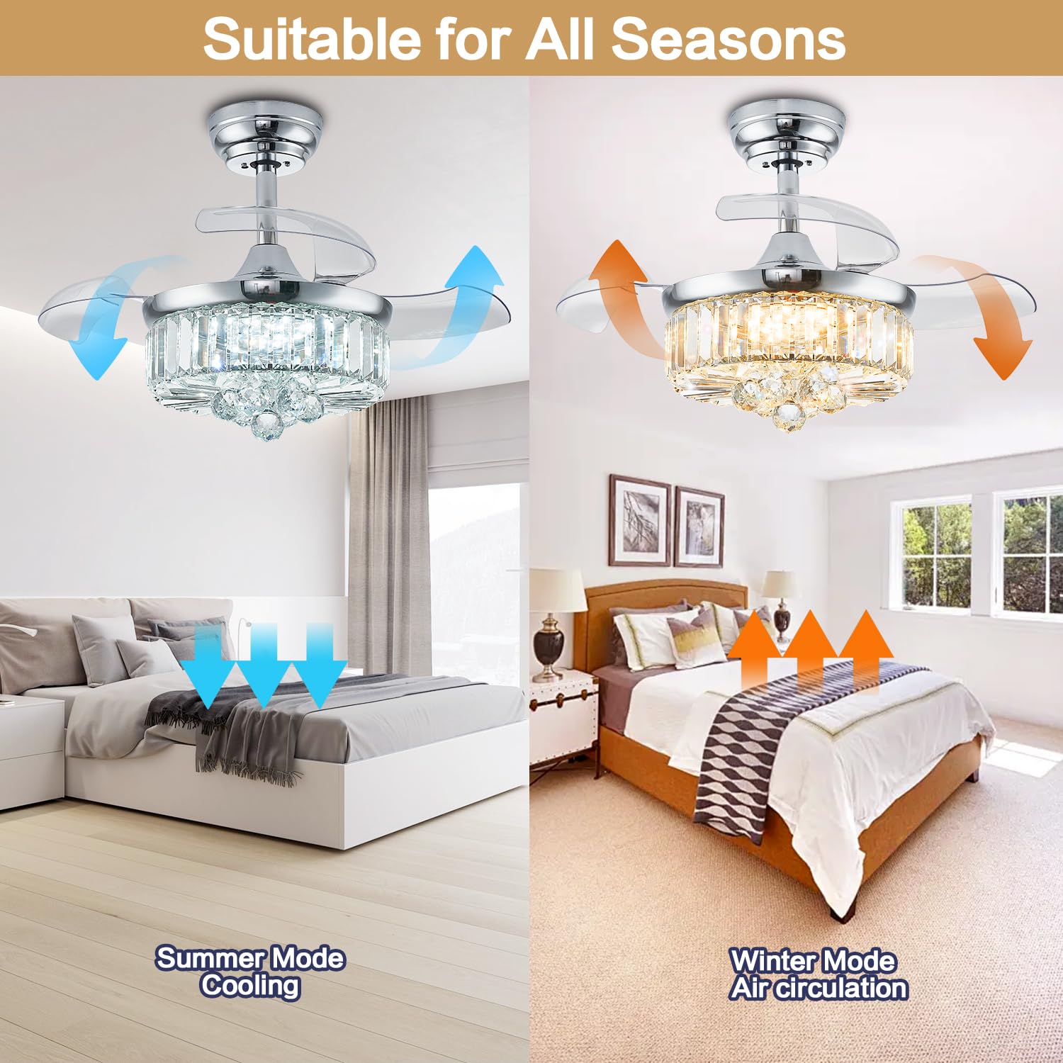 Ventilador de techo de 30 pulgadas con luz de cristal moderno, ventilador de techo reversible, temporizador retráctil regulable para dormitorio, comedor, sala de estar, cromo plateado 5
