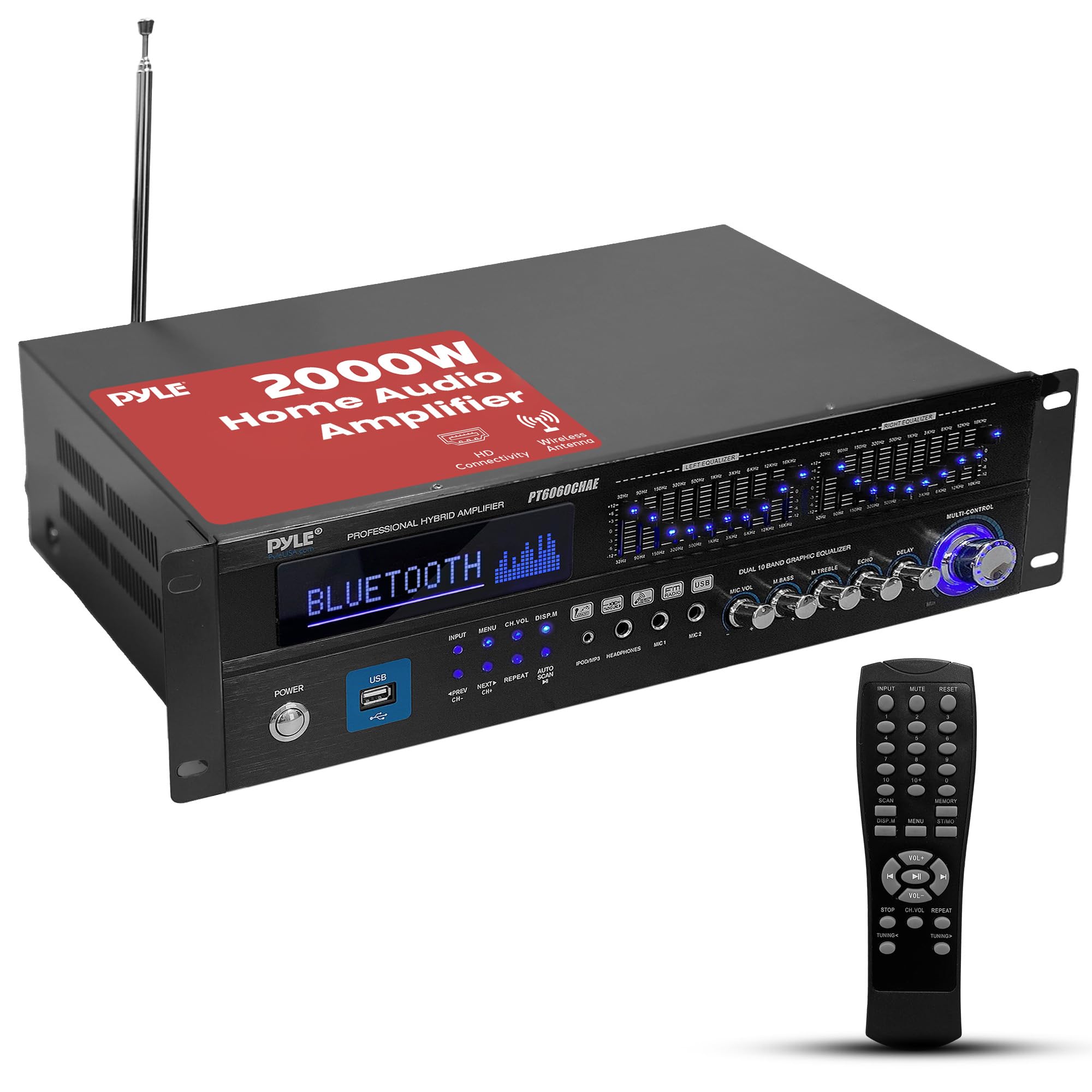 Pyle Bluetooth Hybrid Home Amplifier - 6-Channel 2000W Home Audio Rack Mount Stereo Power Amplifier Receiver w/ Radio, USB/AUX/RCA/Mic, Optical/Coaxial, AC-3, DVD Inputs, Dual 10 Band EQ - PT6060CHAE