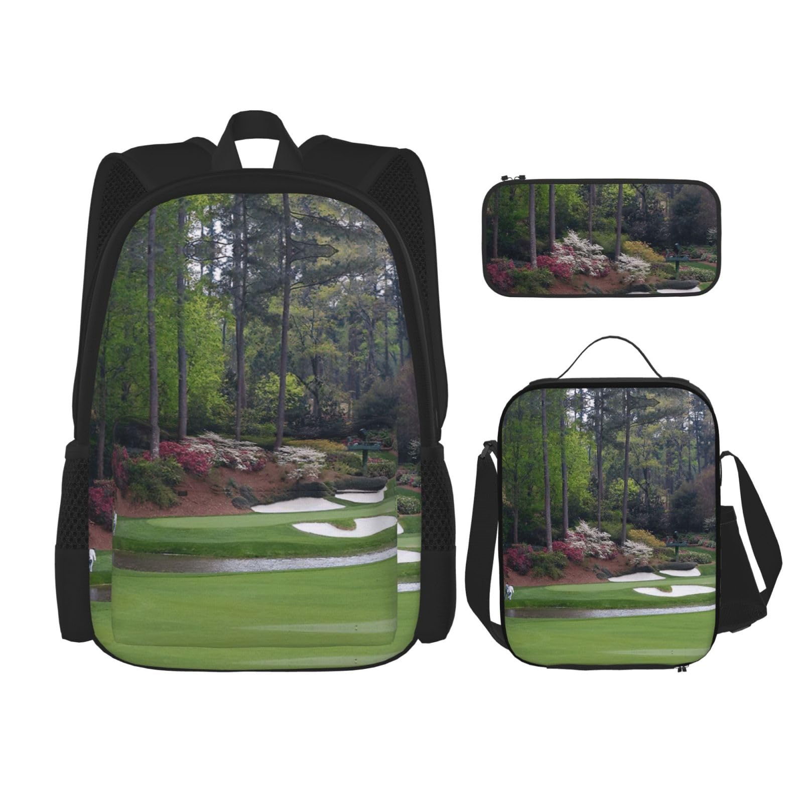 Juego de 3 mochilas escolares con estampado de campo de golf, mochila para laptop resistente al agua de gran capacidad con bolsa de almuerzo aislada y estuche para lápices para adolescentes de