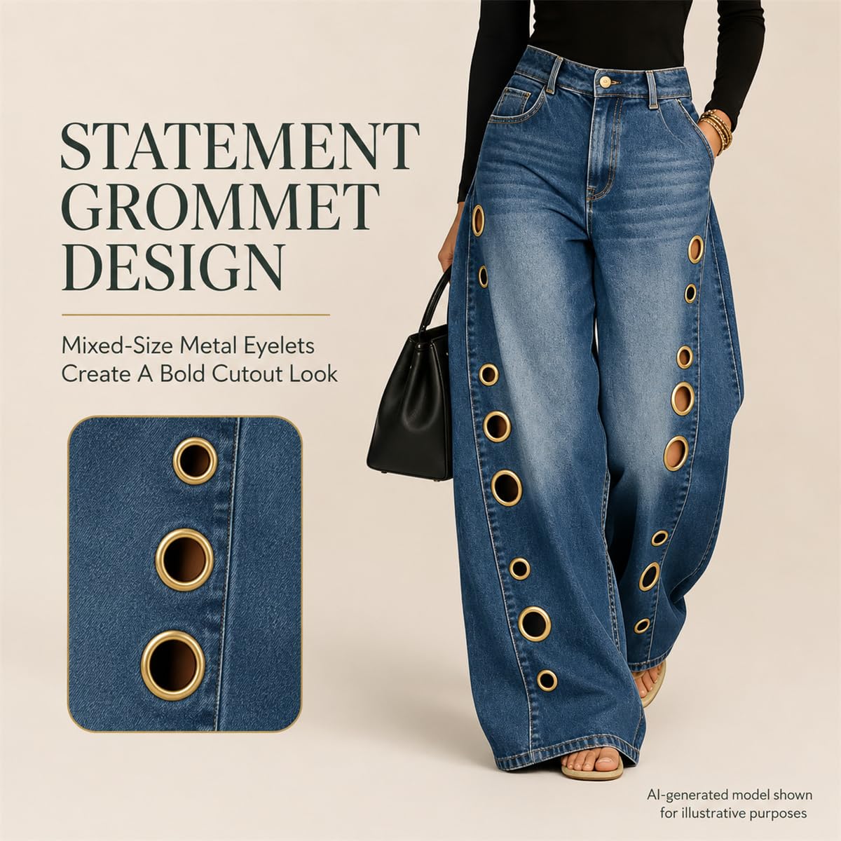 Jeans Donna con Occhielli Metallici, Vita Alta E Gamba Larga