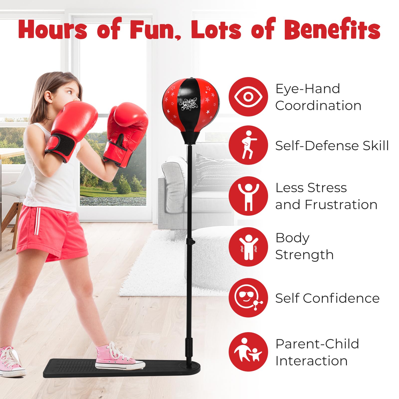 KOMFOTTEU Punchingball sur Pied Réglable 85-130 cm, Ballon de Boxe avec Pédale, Gants et Pompe, Ensemble de Frappe Debout pour Enfants de Plus de 3 Ans