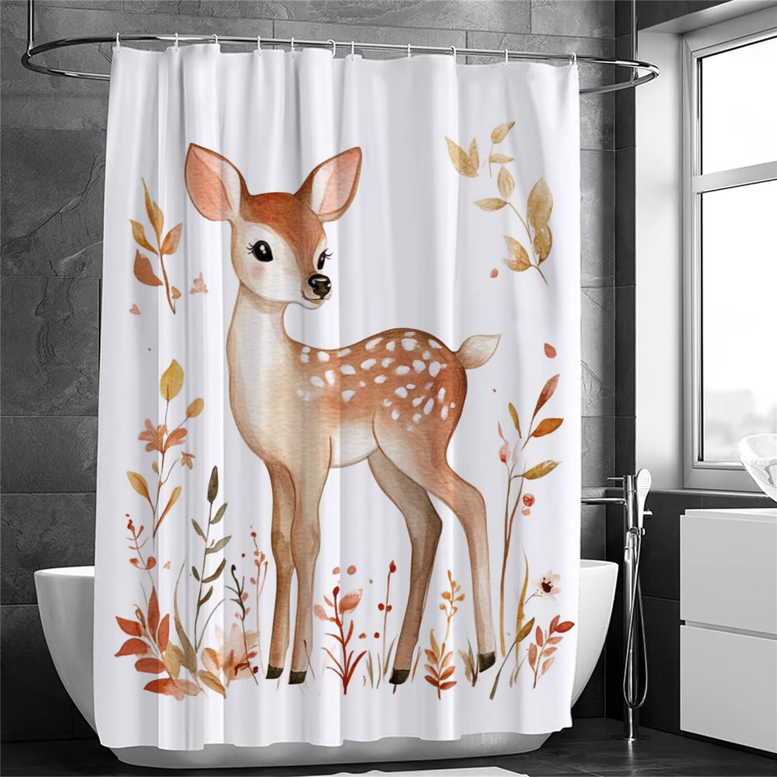 Jesienna zasłona prysznicowa 200 x 240 cm, bardzo długa zasłona prysznicowa do łazienki, jeleń, wodoodporna zasłona na drzwi z haczykami i obciążonym obszyciem, zmywalna, szybkoschnąca, na wszystkie