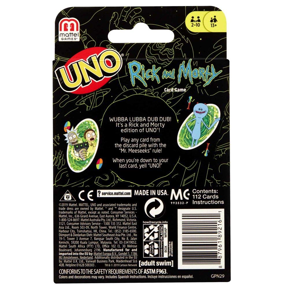 Mattel Games - GPN29 UNO Rick & Morty Kartenspiel, geeignet für 2 - 10 Spieler, Kartenspiele ab 13 Jahren