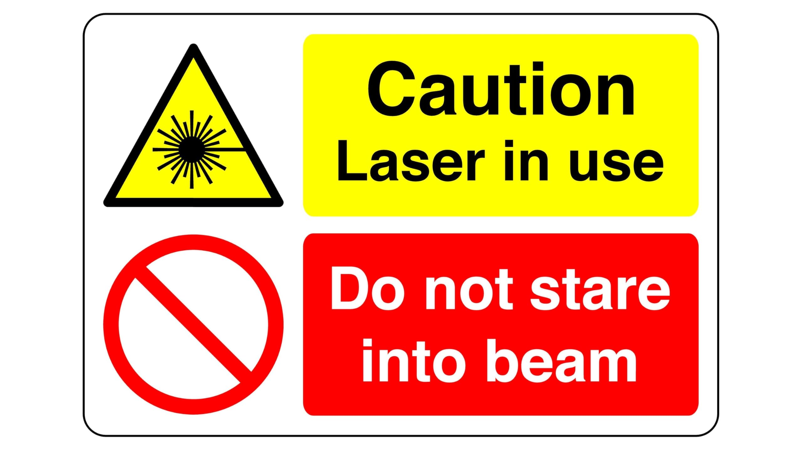 Caution laser in use sign - 1.2mm Rigid plastic for indoor/outdoor usage (600mm x 400mm) Viewing Distance within 20m.
