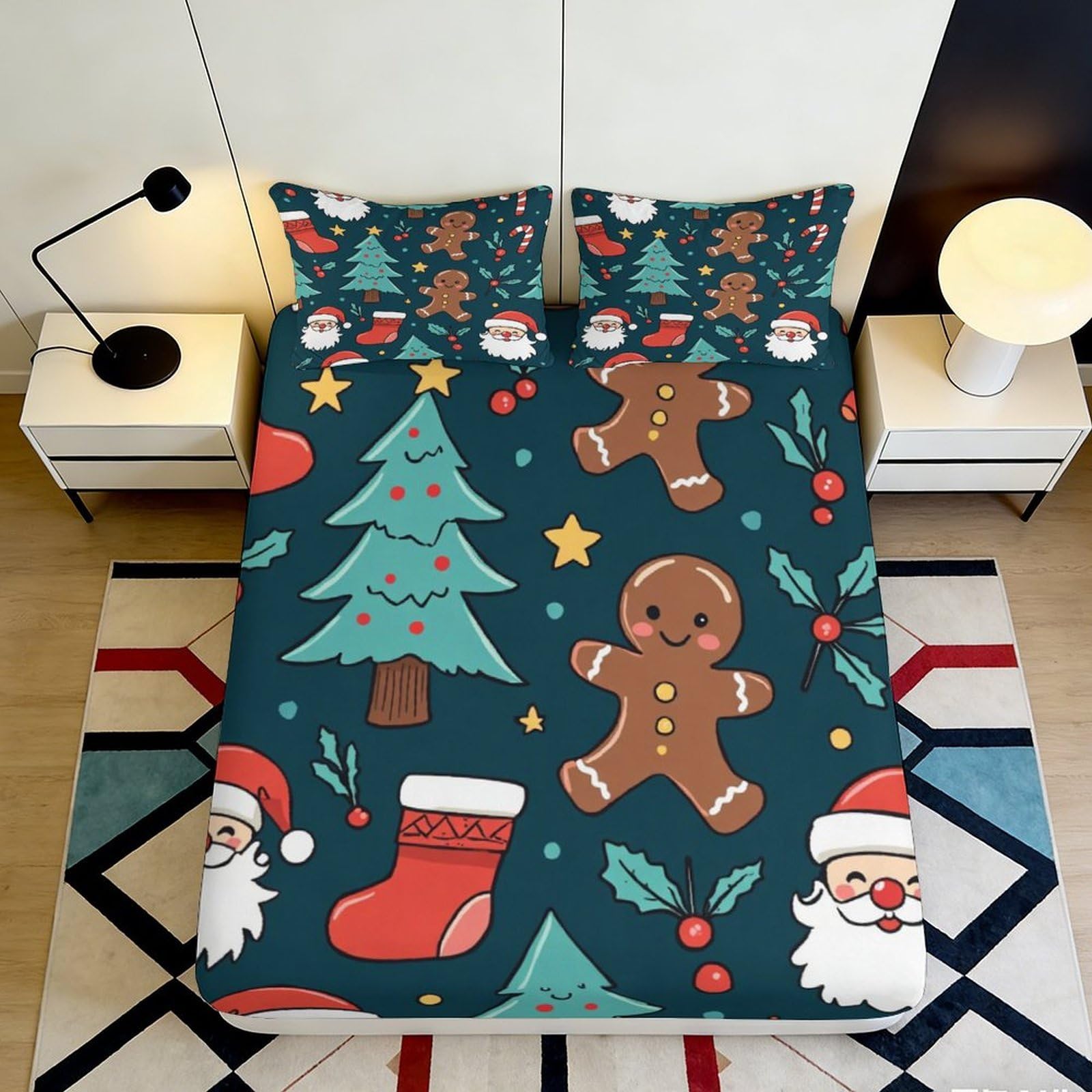 3D Printed Christmas Tree Fitted Sheet Microfiber Festive Gingerbread Bed Sheet for Bedroom Guest Room Protection Decor 90x200x25cm