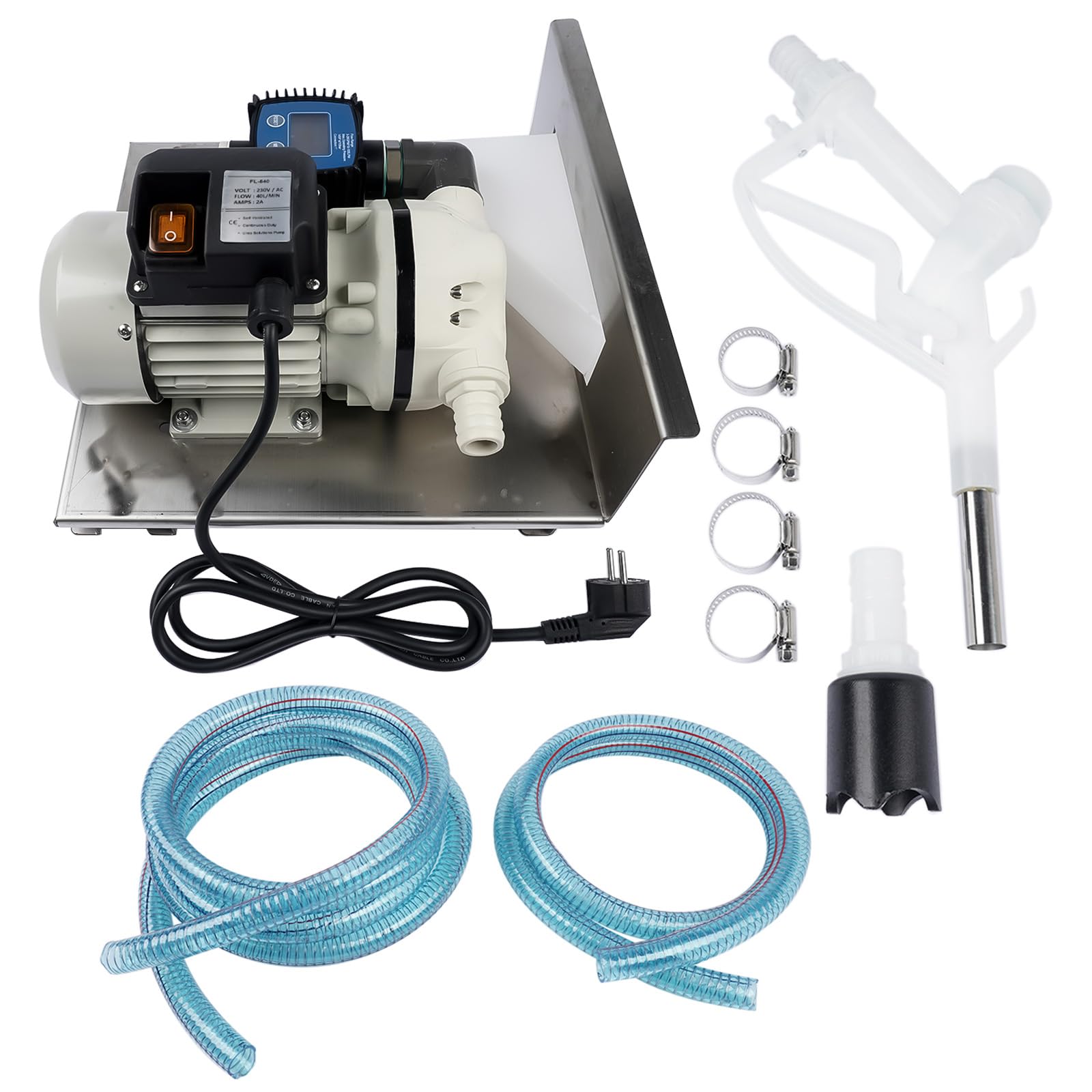 Bisenya 230V 40LPM Bomba AdBlue Bomba de Urea Bomba de Diafragma con Soporte de acero Inoxidable, Caudalímetro, Manguera y Boquilla