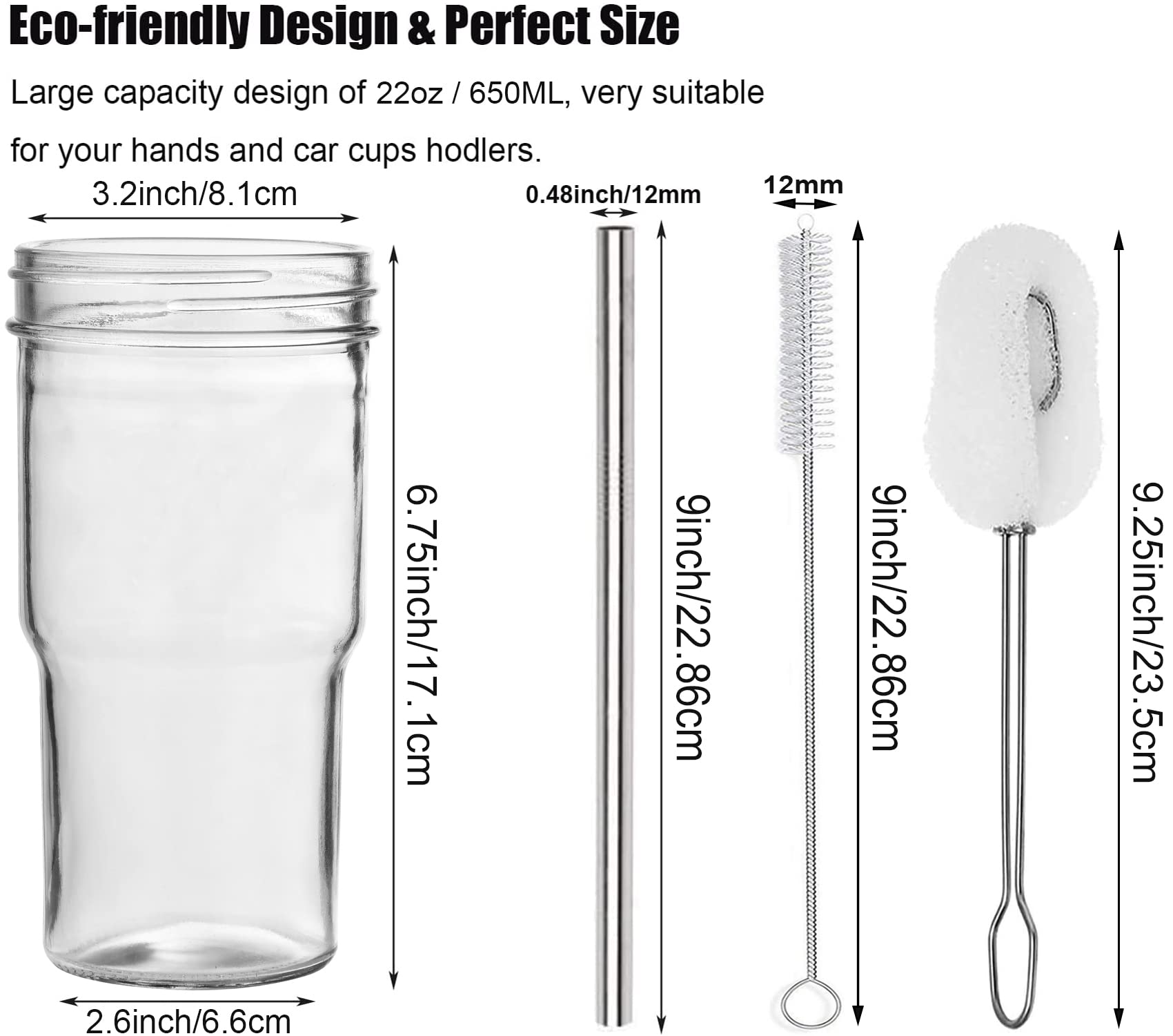 ALINK Lot de 4 tasses à thé à bulles réutilisables, à large ouverture de 650 ml, tasse à café glacé, smoothie, gobelet avec couvercle et paille, gobelet Mason Jar