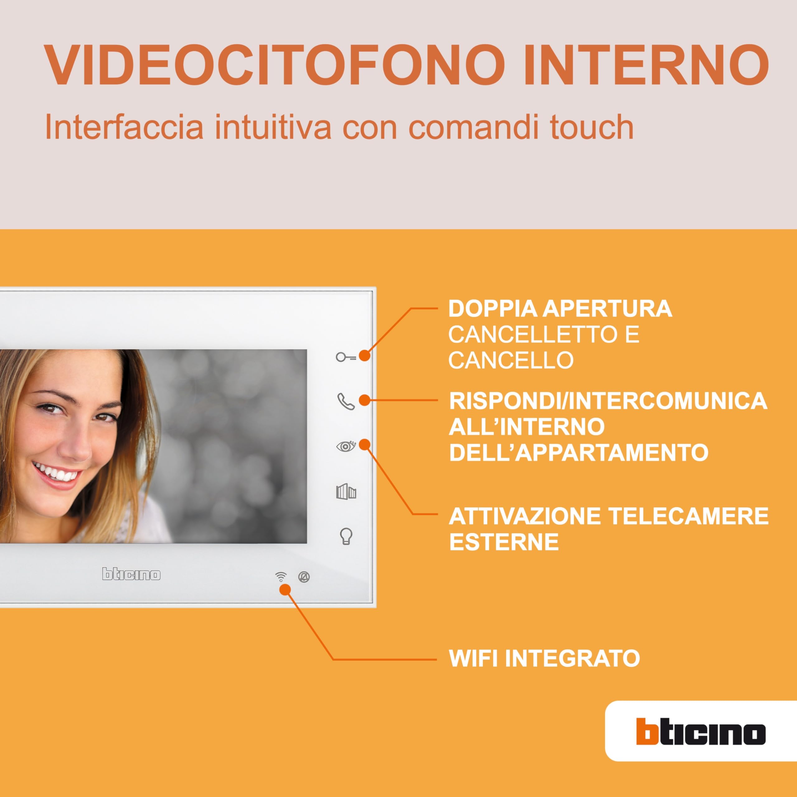 Bticino 310913 EASYKIT WIFI VIDEOCITOFONO MONOFAMILIARE Plug-In 2 Fili con 1 Pulsantiera Esterna, Campanello, Telecamera, 1 Monitor Interno 7 pollici a Colori con Vivavoce, Espandibile per Bifamiliare