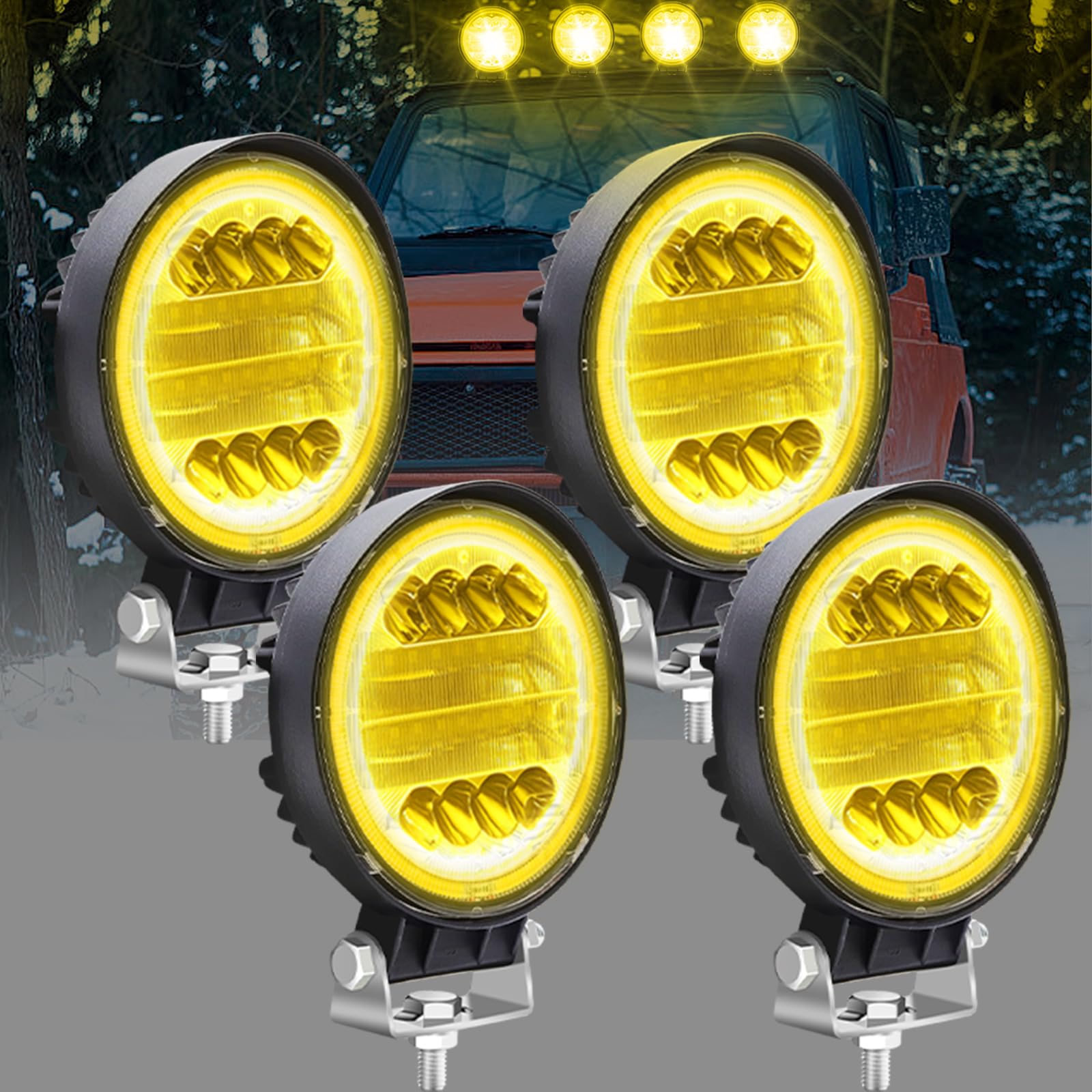 Biqing 4Pcs 96W LED Work Light,4.5" Halo Ring Headlight Amber LEDs Light Pods Spot Flood Combo Lights Off Road Driving Fog Lights 12V 24V 9600 LM LED Auxiliary Lights for Motorcycle SUV Boat Truck