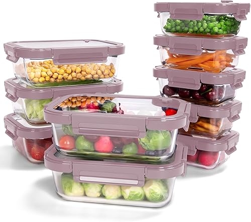 Paquete de 10 recipientes de vidrio para almacenamiento de alimentos con tapas templadas, borosilicato, herméticos, aptos para horno (-4F 950F),