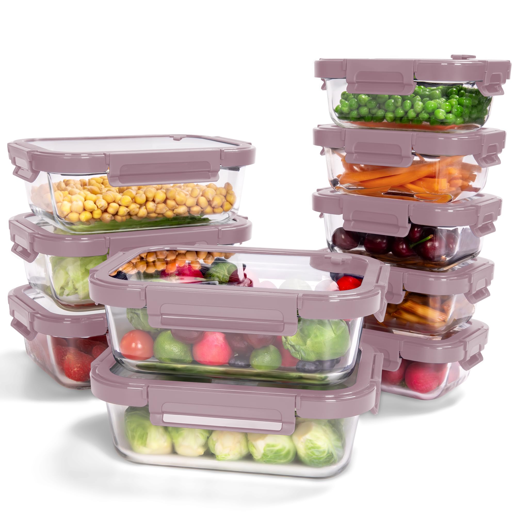 BOROHOUSE 10-Pack Glass Food Storage Containers with Tempered Lids – Borosilicate, Airtight, Oven-Safe (-20℃~510℃), BPA-Free,1040ml& 370ml, Leak-Proof, Dishwasher Safe（Pink）