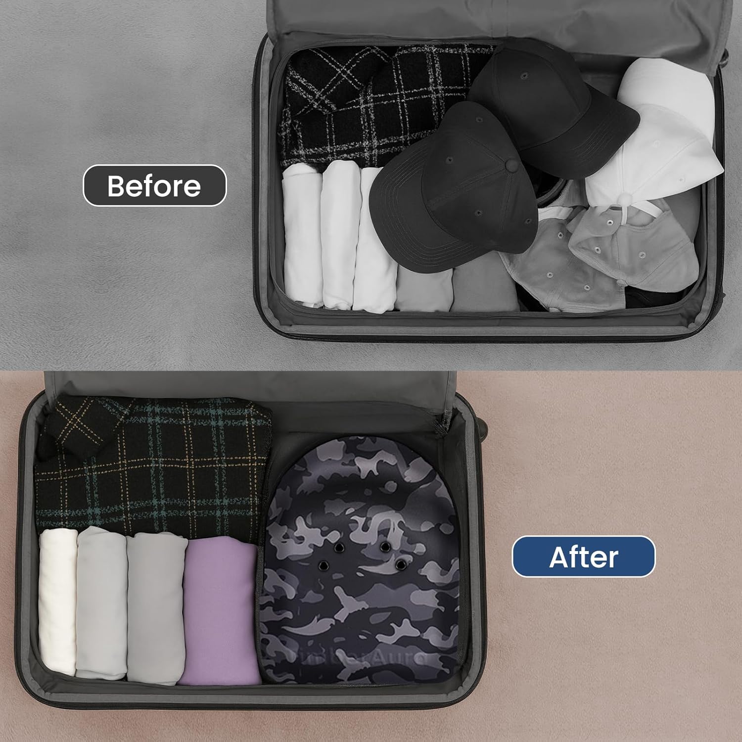 Camo Hat Case for Baseball Caps, Crush-Proof Hard Shell Travel Hat Storage Organizer for 6-7 Caps, Breathable Cap Carrier with Airflow Eyelets for Closet & Travel, Water-Resistant 1680D Oxford