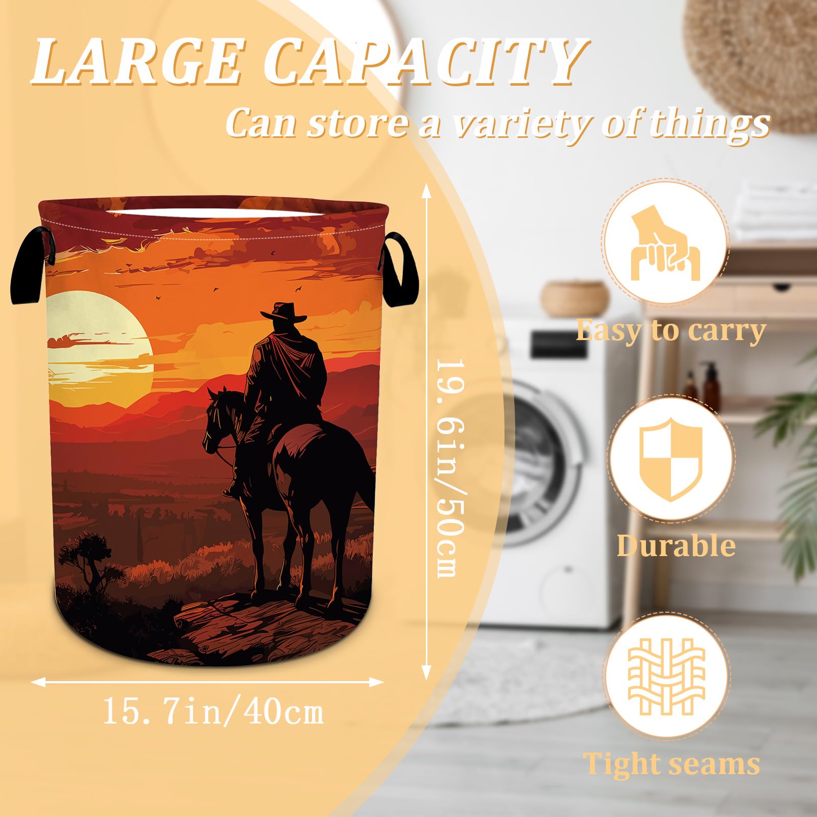 Western Cowboy - Cesta De Lavandería Plegable, Impermeable, De Tela Oxford, Divertida Bolsa De Almacenamiento De Ropa Sucia, Organizador De Juguetes Para Baño/lavandería/dormitorio, 15.7 X 19.6