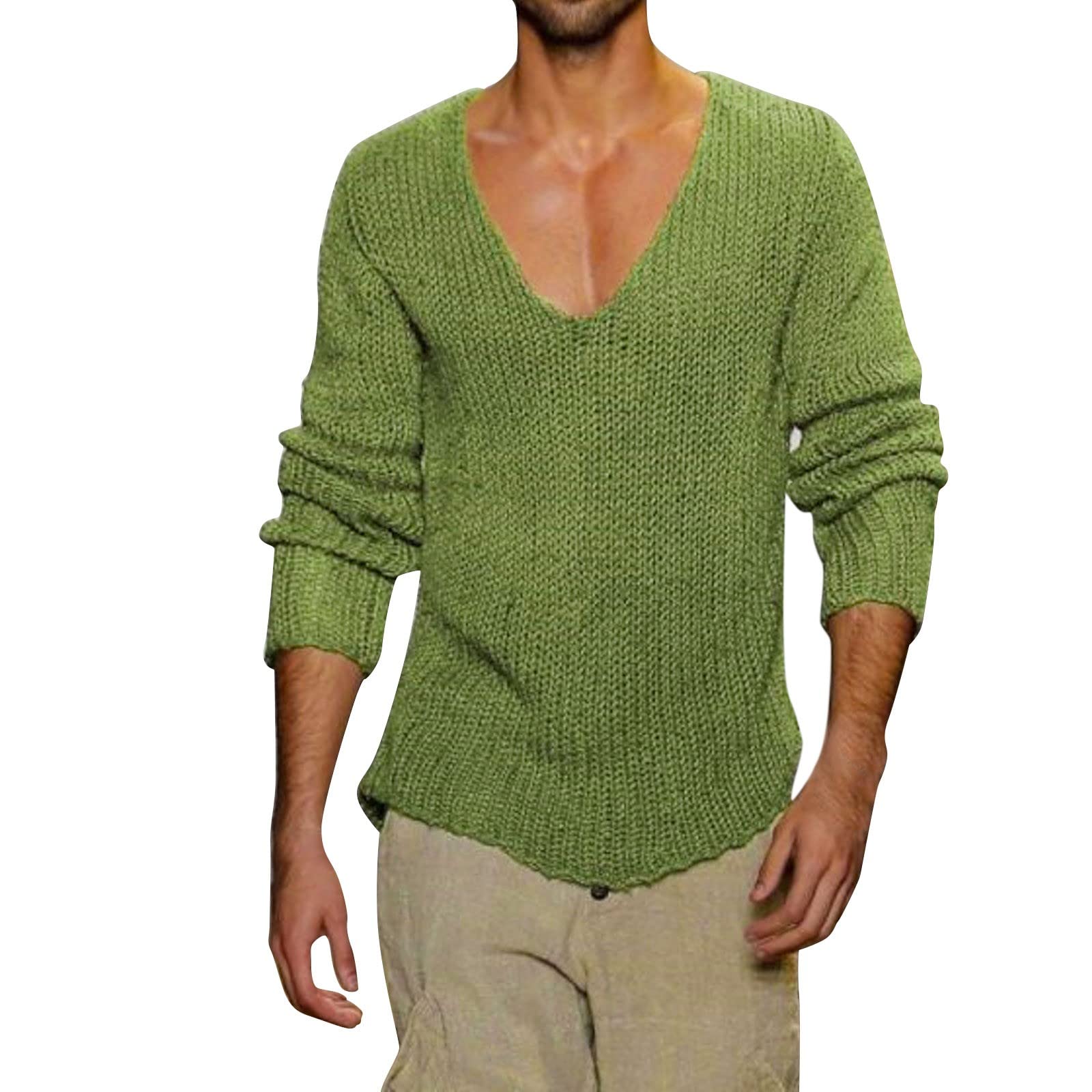 Pull Col V Homme Grandes Tailles, Pulls Hiver Homme Sexy V Profond Tricot Couleurs Pures Manche Longue de Mode Sweater Doux Chauds Confortable Chandails Coupe Slim Fit Loisirs Sweaters