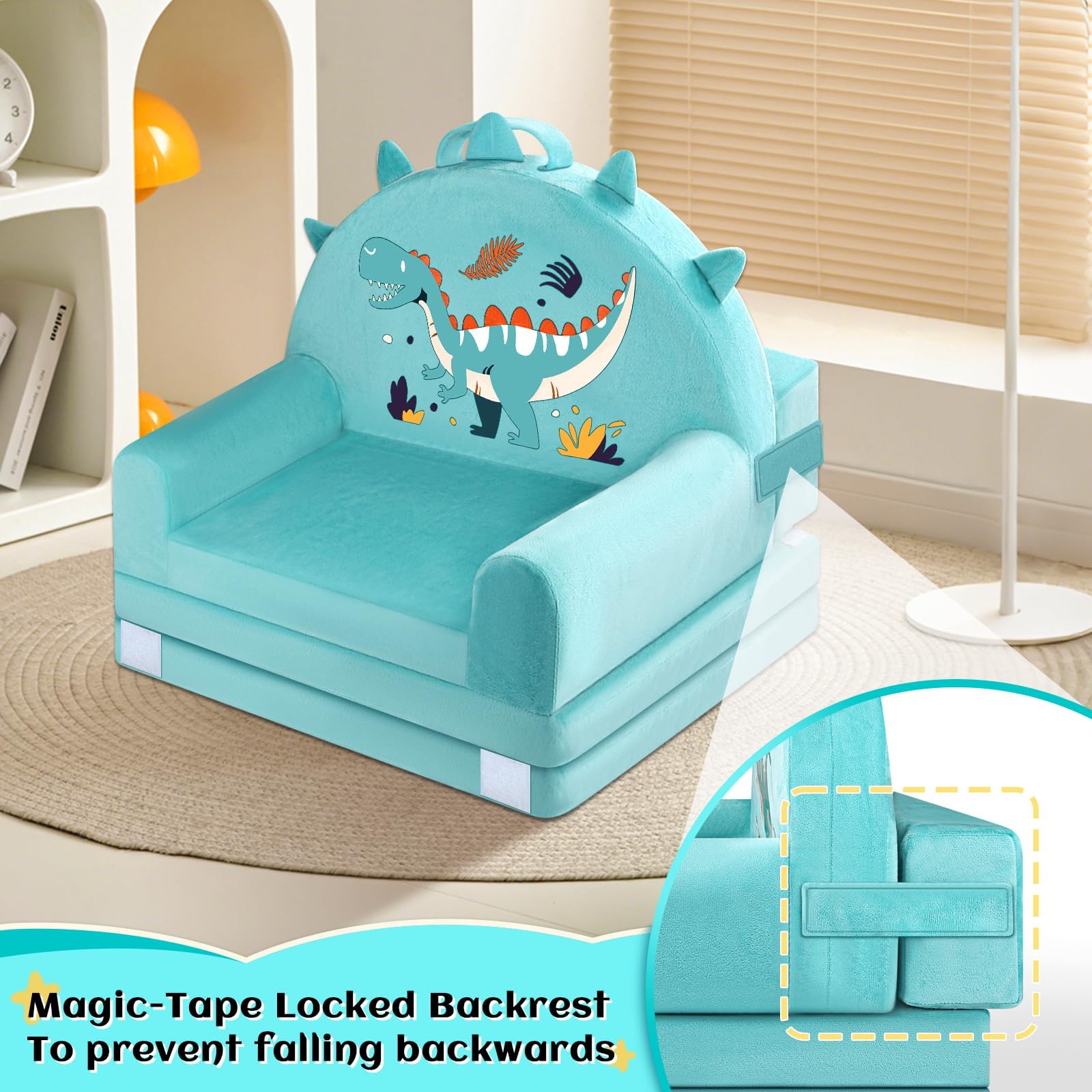 Dinosaurier Kindersofa, Aufklappen 2 in 1 Mini Couch, 150cm Wweiches Kristall Samt Kleinkinder Spielsofa für Schlafzimmer Wohnzimmer, Spielzimmer, Geburtstag Geschenk für Jungen Mädchen