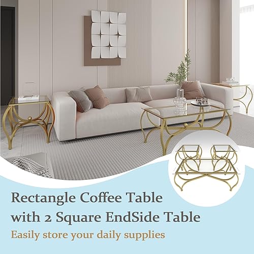 Miniatura 5 de Juego de mesa auxiliar de 3 piezas con vidrio templado, mesa auxiliar rectangular y 2 mesas auxiliares cuadradas, juego moderno de muebles de sala