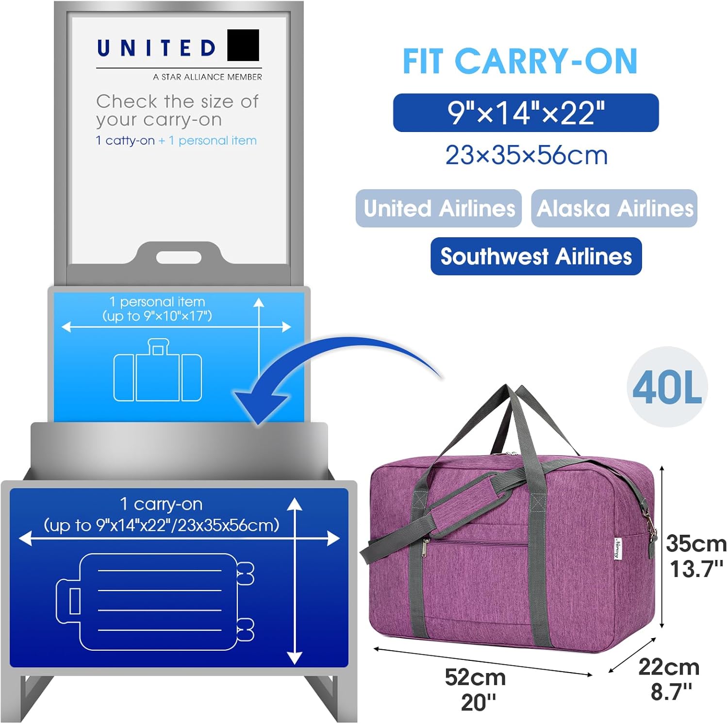 For United Airlines Foldable Carry on Bag 22x14x9 Travel Duffel Bag Packable luggage Duffle for Women and Men 40L (Dark Purple) - Image 2