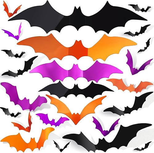 FANDAMEI 140 piezas de decoración de pared de murciélagos de Halloween, decoración de murciélagos, 5 tamaños, 3 colores, decoración de pared de