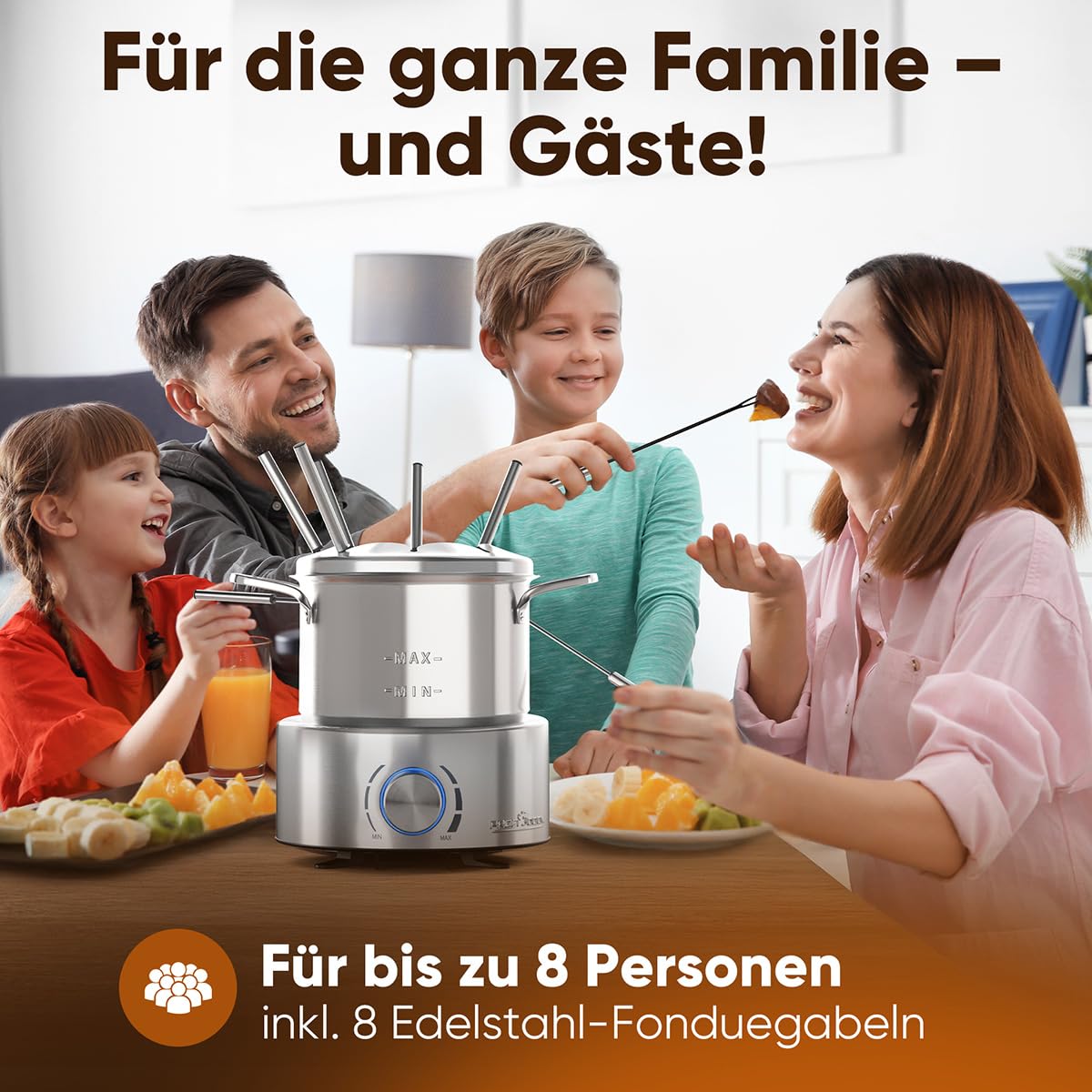 ProfiCook® Fondue elektrisch | für Öl-Fondue, Schokofondue und Käsefondue | inkl. 8 Fonduegabeln | 1,2 Liter | für bis zu 8 Personen | Fondueset Edelstahl | 800W | PC FD 1288