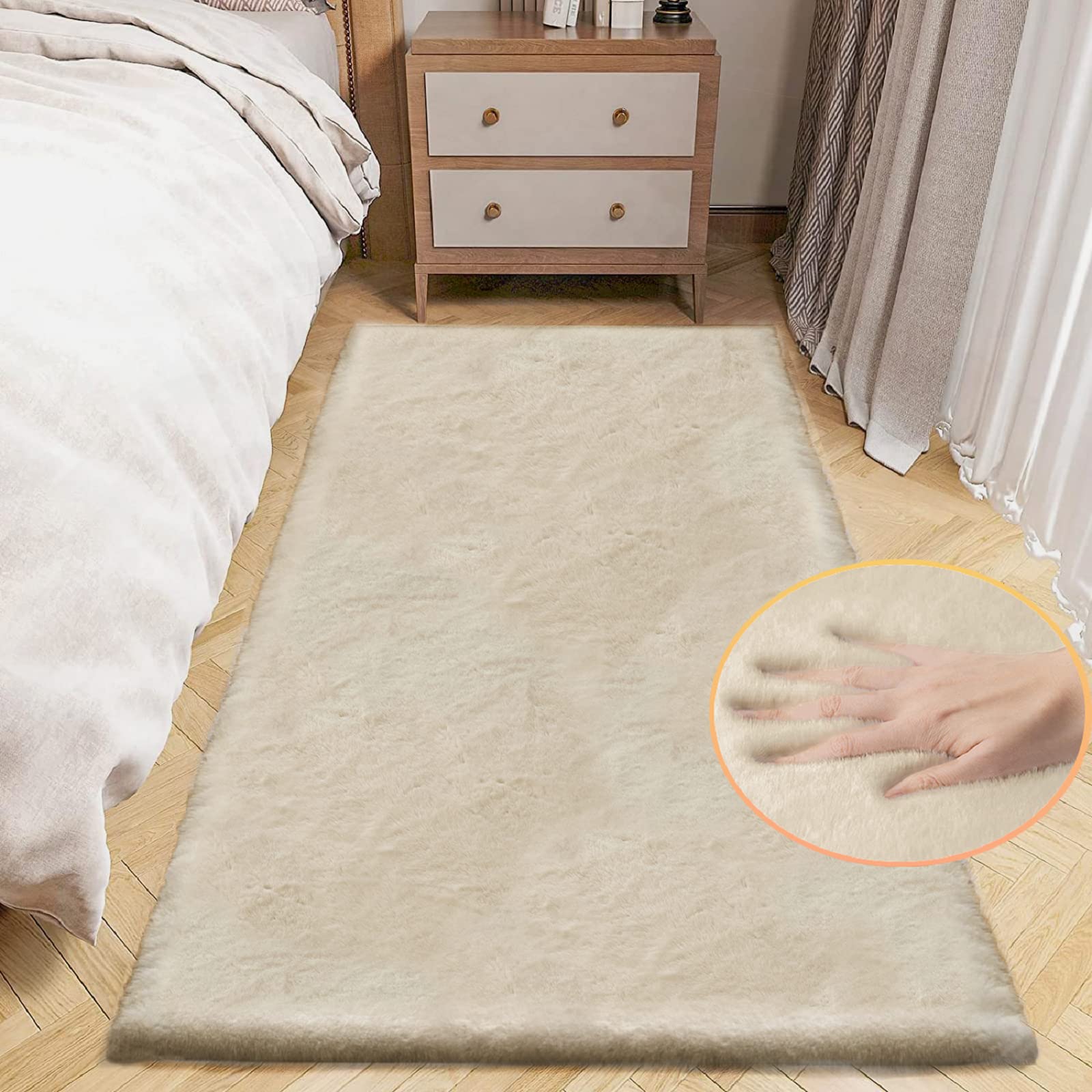 ORINOVA Light Brown Beige Fluffy Faux Rabbit Shag Fur Rugs for Bedroom Small Fuzzy Washable Runners Rugs for Living Room 2x6 Rug Runner Nursery