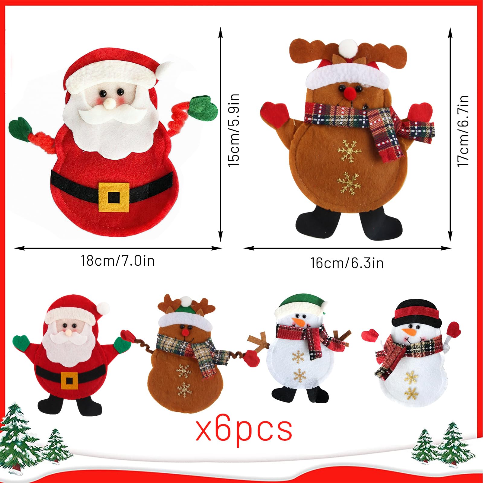 Weihnachts-Bestecktaschen Set – 6 Stück Filz-Beutel Mit Weihnachtsmann, Elch & Schneemann, Ca. 17x15 Cm
