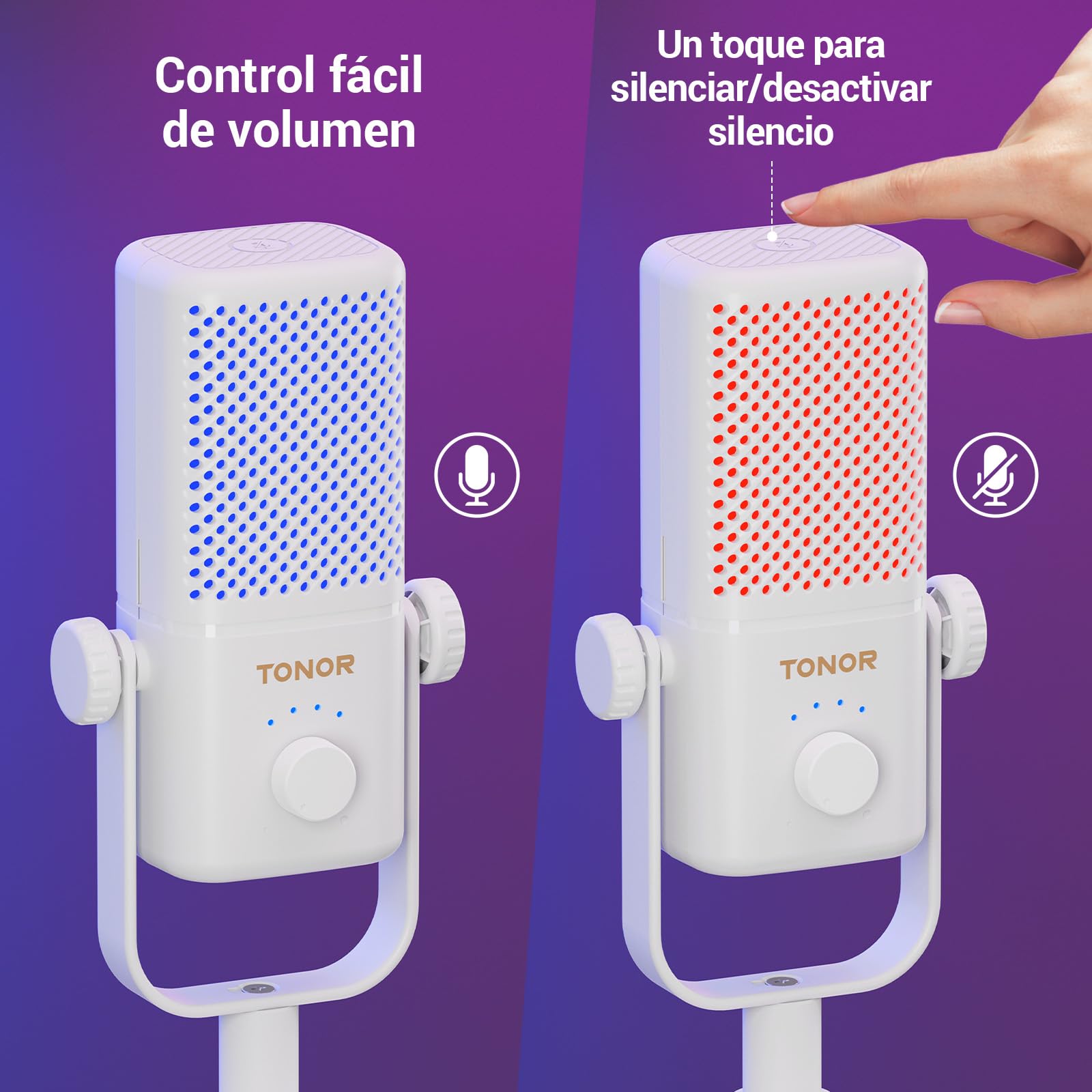 TONOR Micrófono para Juegos Compatible con Xbox, Micrófono Condensador RGB con Vida útil de la Batería 30h, Control de Ganancia, Micrófono de Escritorio con Botón Silencio, Blanco, 200cm,TCX3