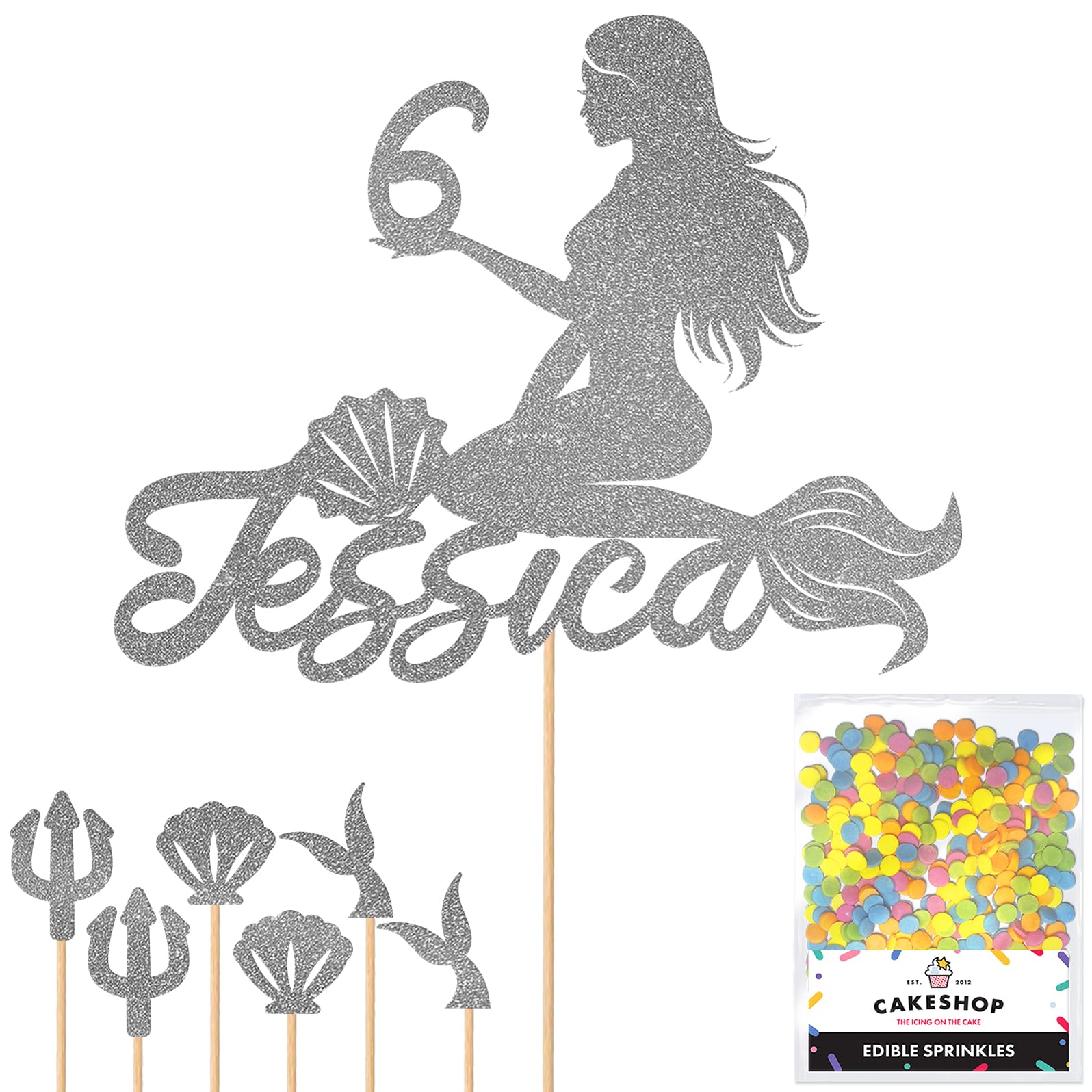 Personalised Birthday Mermaid Glitter Cake Topper- Dark Silver Any Custom Age & Name Glitter Cake Decoration and Sprinkles - Happy Birthday Decorations - Personalised Toppers for Cakes by Cakeshop โ image 1