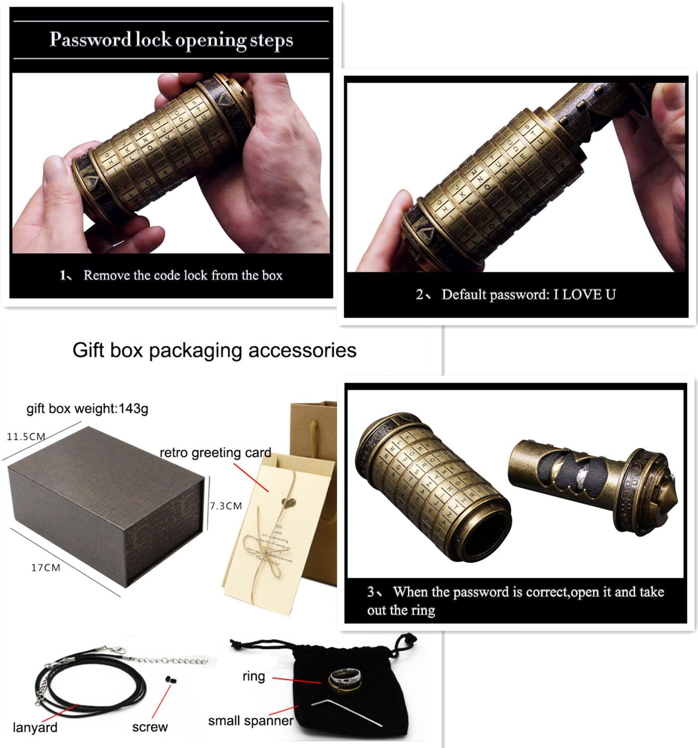 Code Cryptex Letter Password Lock Ring Holder Caja de Regalo para Navidad Día de San Valentín Brain Teaser Lock Puzzles