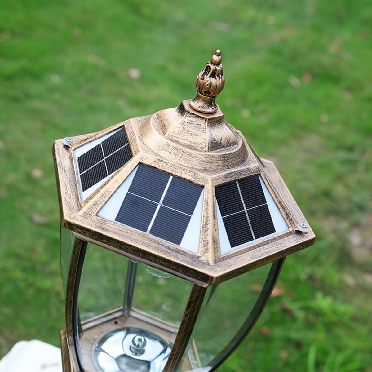 Wygięte sześciokątne lampy solarne na słupki, zewnętrzna szklana osłona, światło słupkowe LED, oświetlenie ogrodowe, oświetlenie krajobrazu, oświetlenie ogrodzeniowe, wodoodporność IP65, nowoczesna