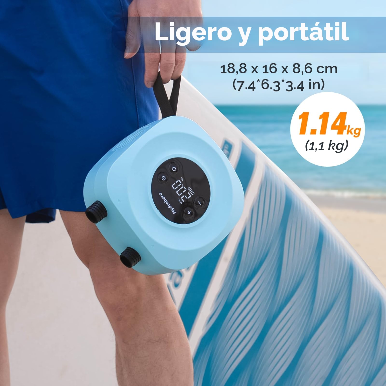 Hydrohero Bomba Eléctrica para Paddle Board, Sup Recargable 20 PSI, Inflado/Desinflado Inteligente a Doble Etapa, Apagado Automático para Tablas de Paddle, Cometa de Surf, Tienda, Barco