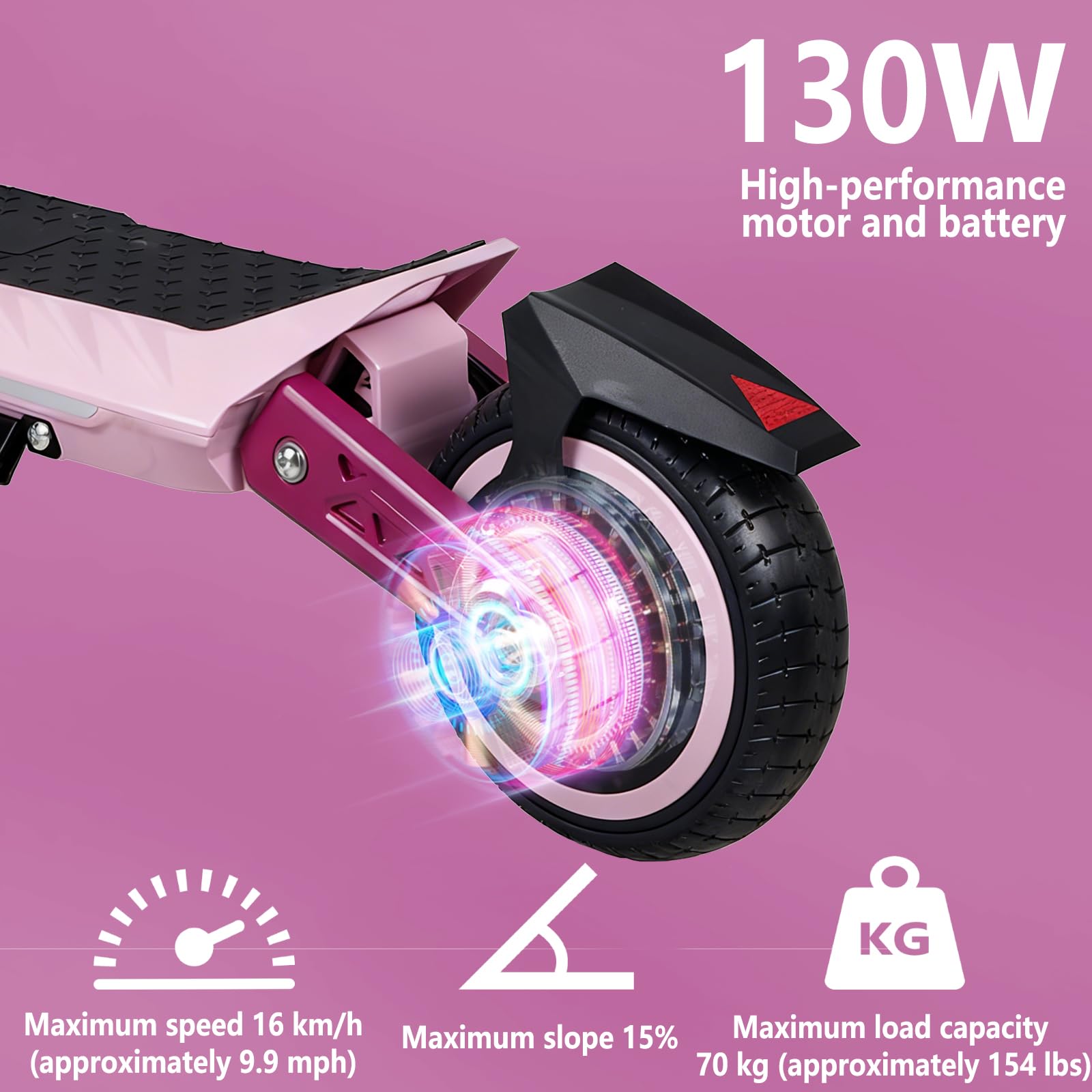 Monopattino elettrico elettrico per bambini, doppia sospensione con luci arcobaleno colorate e indicatore LED, portata 12 km, regalo per ragazzi e ragazze dai 6 anni in su (rosa)