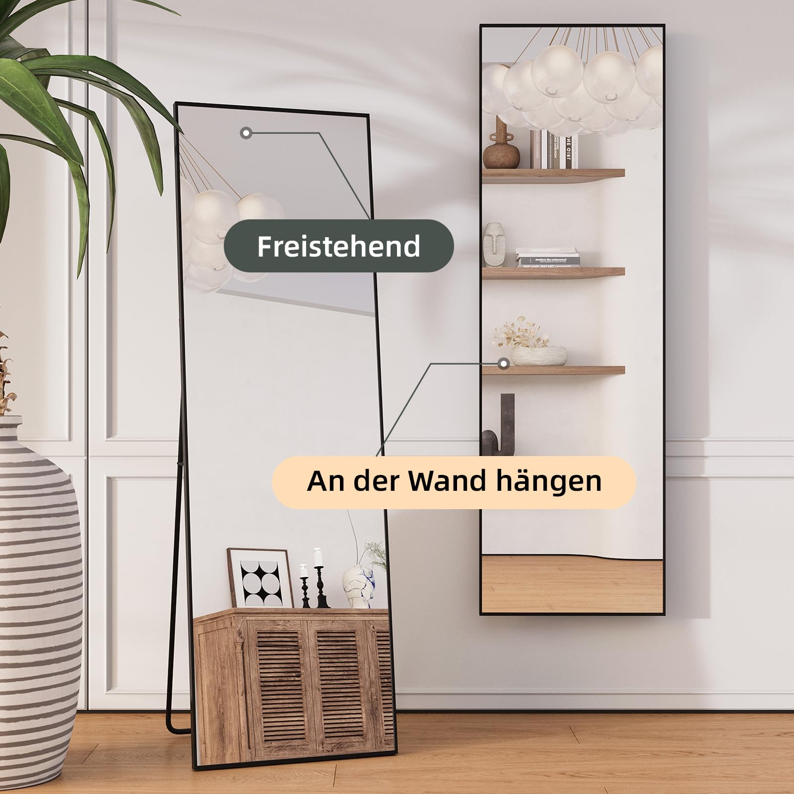 Lustro stojące z czarną metalową ramą 140 x 40 cm lustro pełne | Rama ze stopu aluminium, szkło hartowane, stojąca lub wisząca na ścianie do sypialni, salonu, korytarza