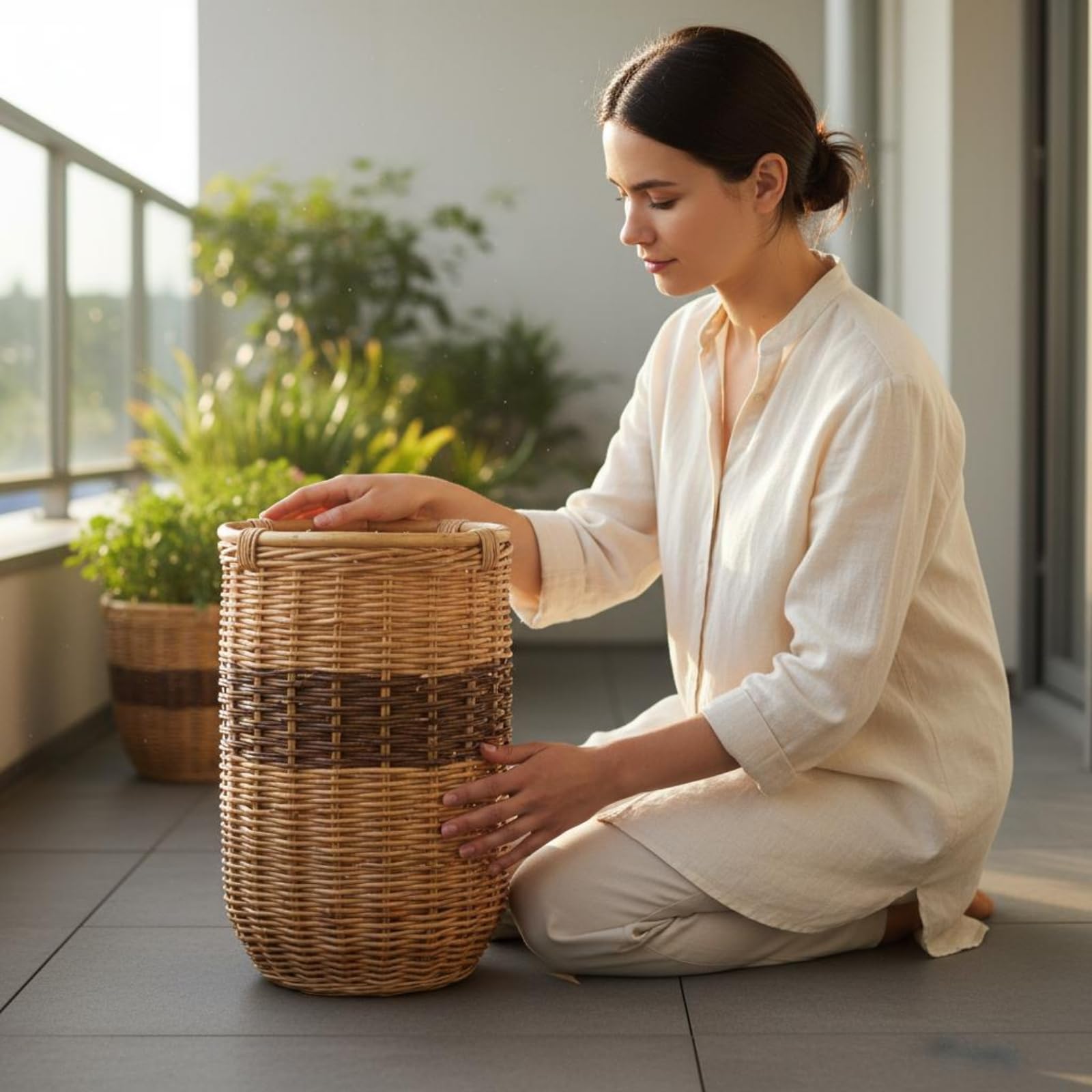 2 Pezzi Vaso in Viminio Naturale Coprivaso Decorativo in Rattan Decorazione Doppitezza Vaso Intrecciato Rattan per Vetrina, Set Di 2 Cesti Piccolo + Grande