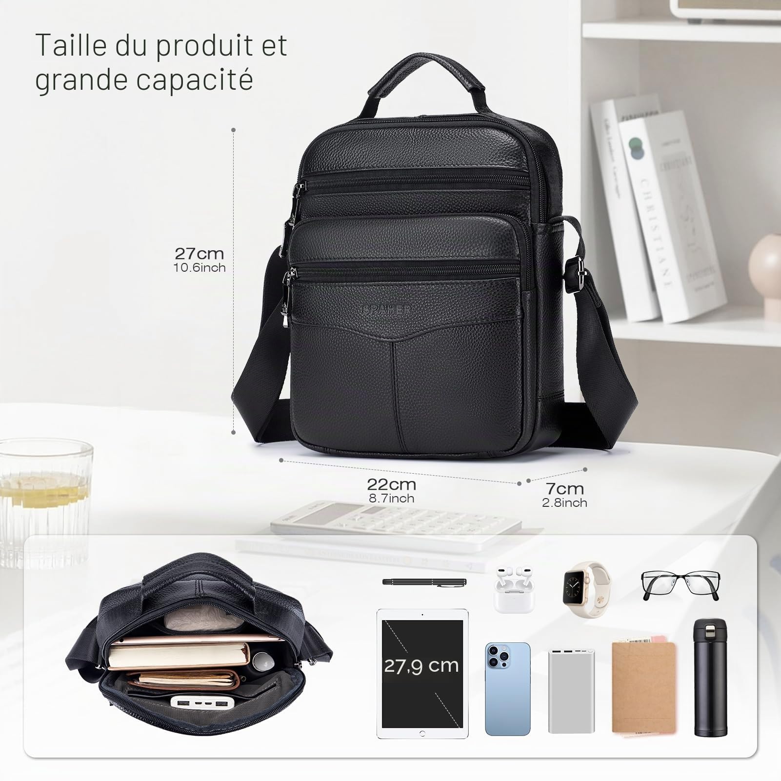 SPAHER Grand Sacoche Homme Bandouliere Cuir Sac porté Epaule en Cuir Homme Pochette Besaces Sac à Dos Sac de Messager Porte-Documents Sac Bandoulière Cartable Crossbody Sac à Main