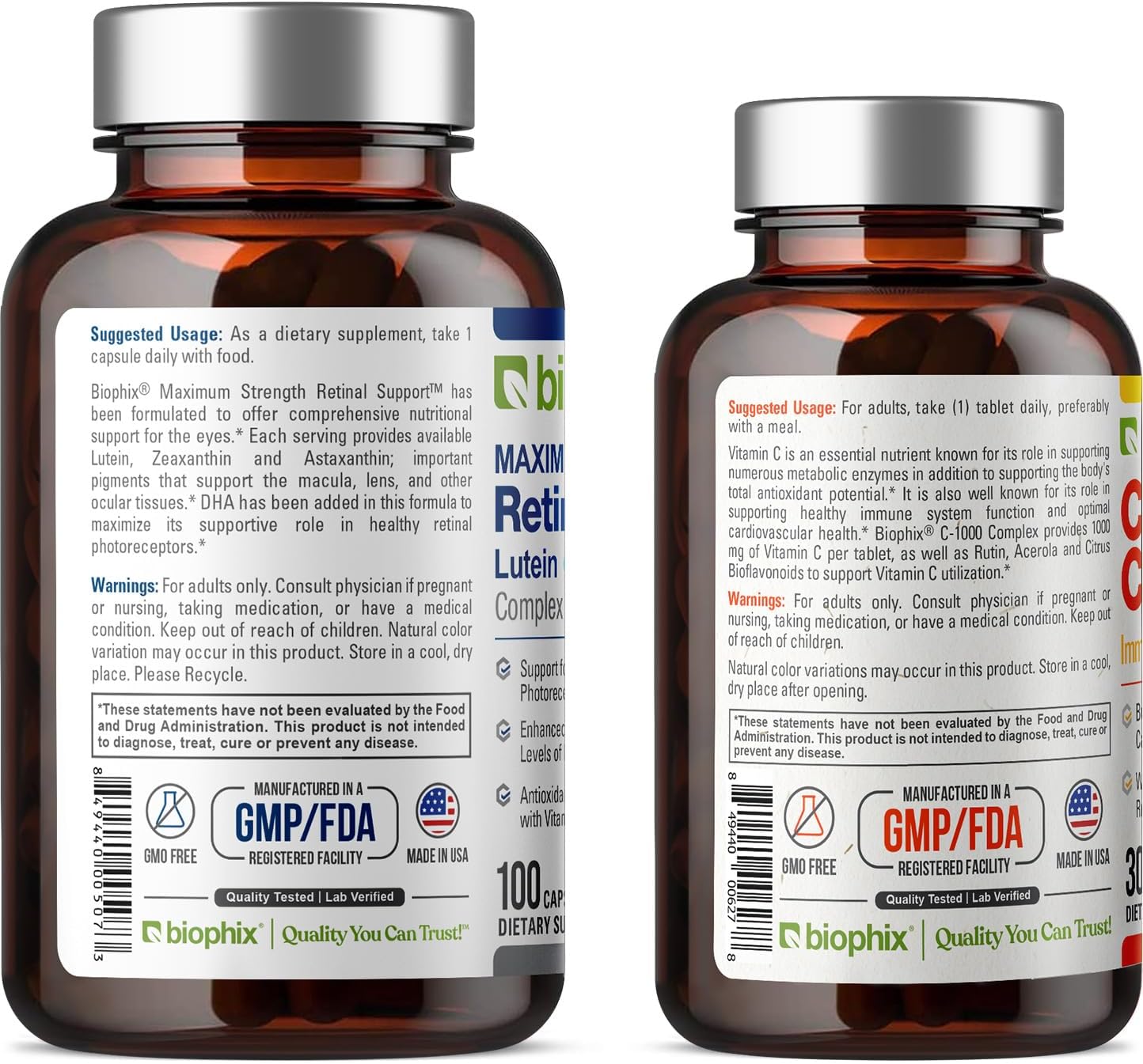 biophix Retinal Support Maximum Strength Complex Formula 100 Capsules - Free C-1000 30 Tablets - Zinc Vitamin C E Lutein DHA Omega-3 Astaxanthin Hyaluronic Acid - Supports Eye Vision Health