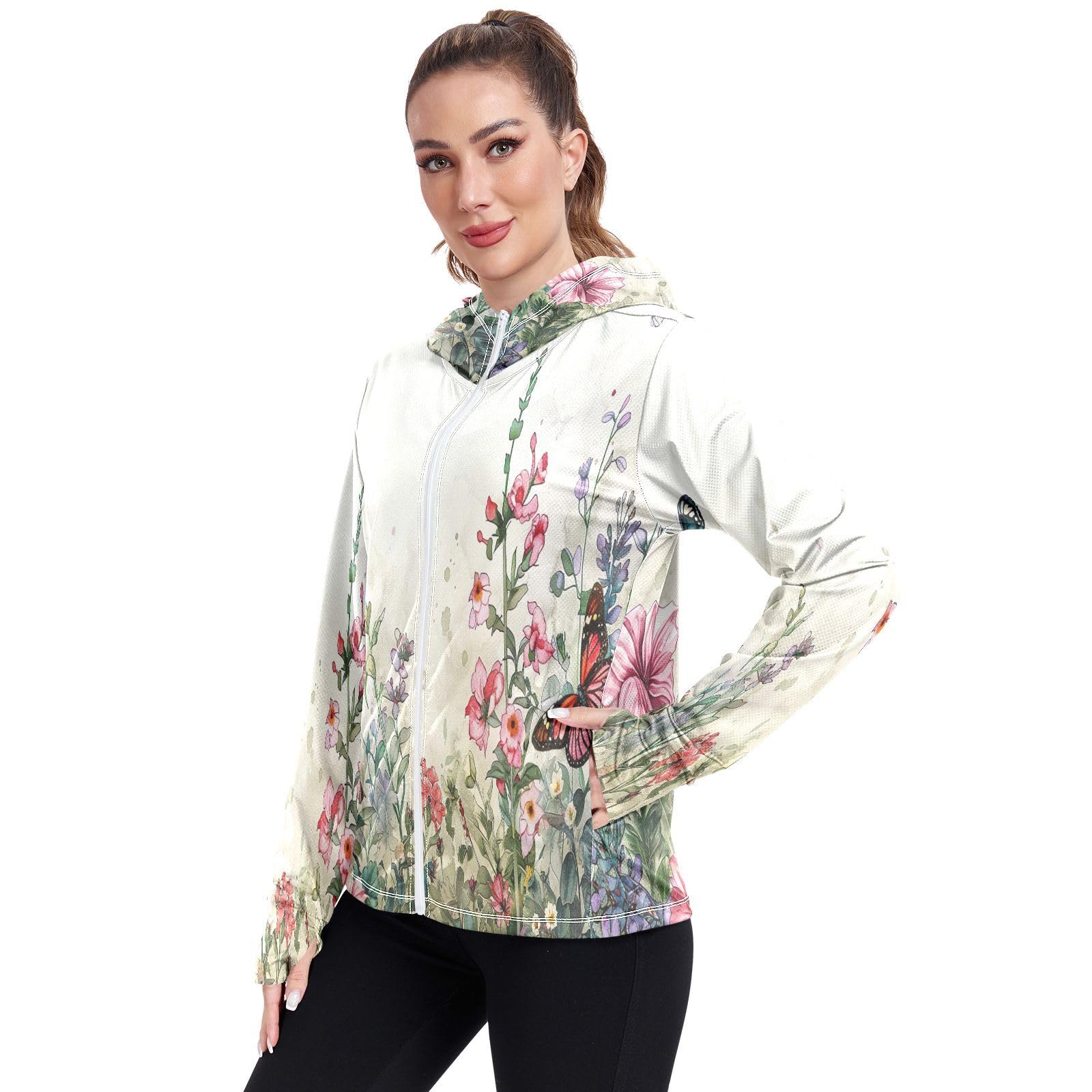 Kigai Flower Women's UPF 50+ Sun Protection Hoodie Jacket with Pocket Zip Long Sleeve Sun Shirt for Gardening Hiking Outdoor