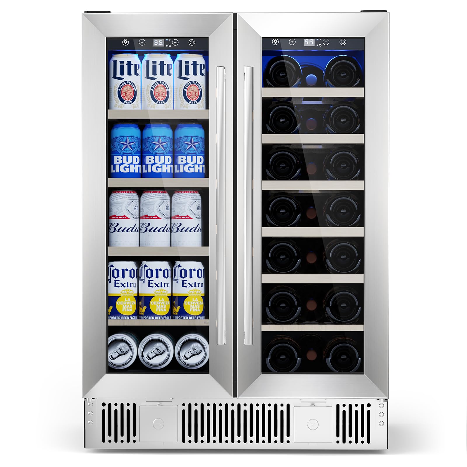 Electactic Dual Zone Wine &amp; Beverage Refrigerator, Commercial Black Bar Cooler with Double Glass Doors, Holds 21 Bottles &amp; 88 Cans, Built-In or Freestanding Wine and Bar Beverage Cooler