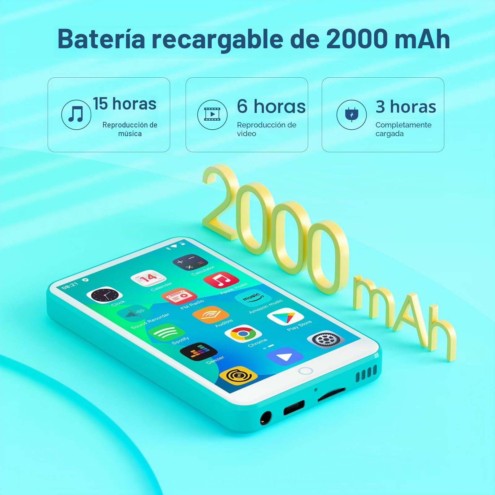 Reproductor de MP3 con Bluetooth y WiFi, Oilsky 80GB 4'' Android 9.0 Mp3, 1080P Pantalla táctil MP4, Reproductor de Música Portátil con Spotify, Audible, Deezer (Cian)
