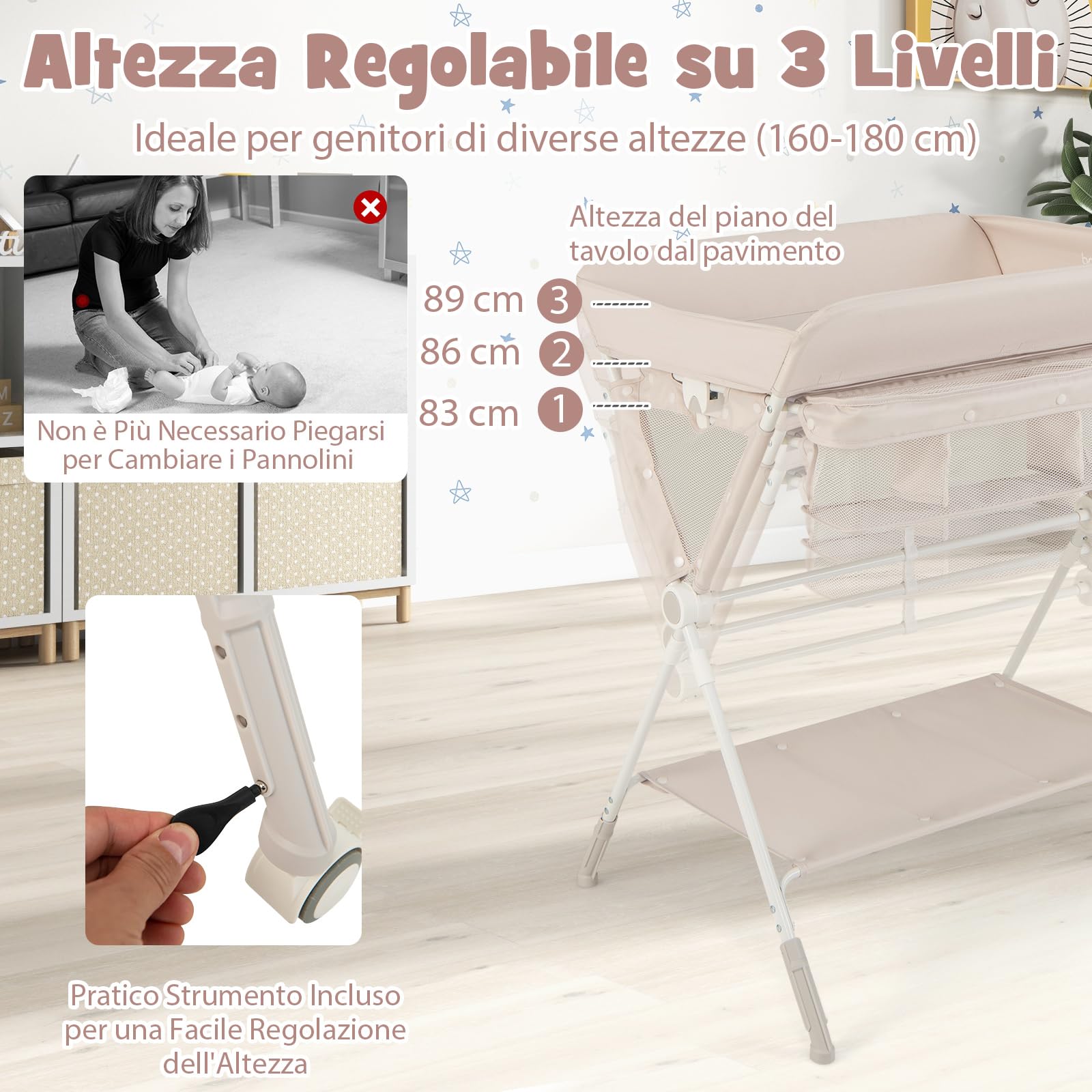 RELAX4LIFE Cambiador de Bebé Plegable con 4 Ruedas Giratorias con Frenos, 3 Alturas Ajustables, Cestas de Almacenamiento y Cinturón de Seguridad, Cambiador Bebe Mueble para Bebé 0-12 Meses (Beige)