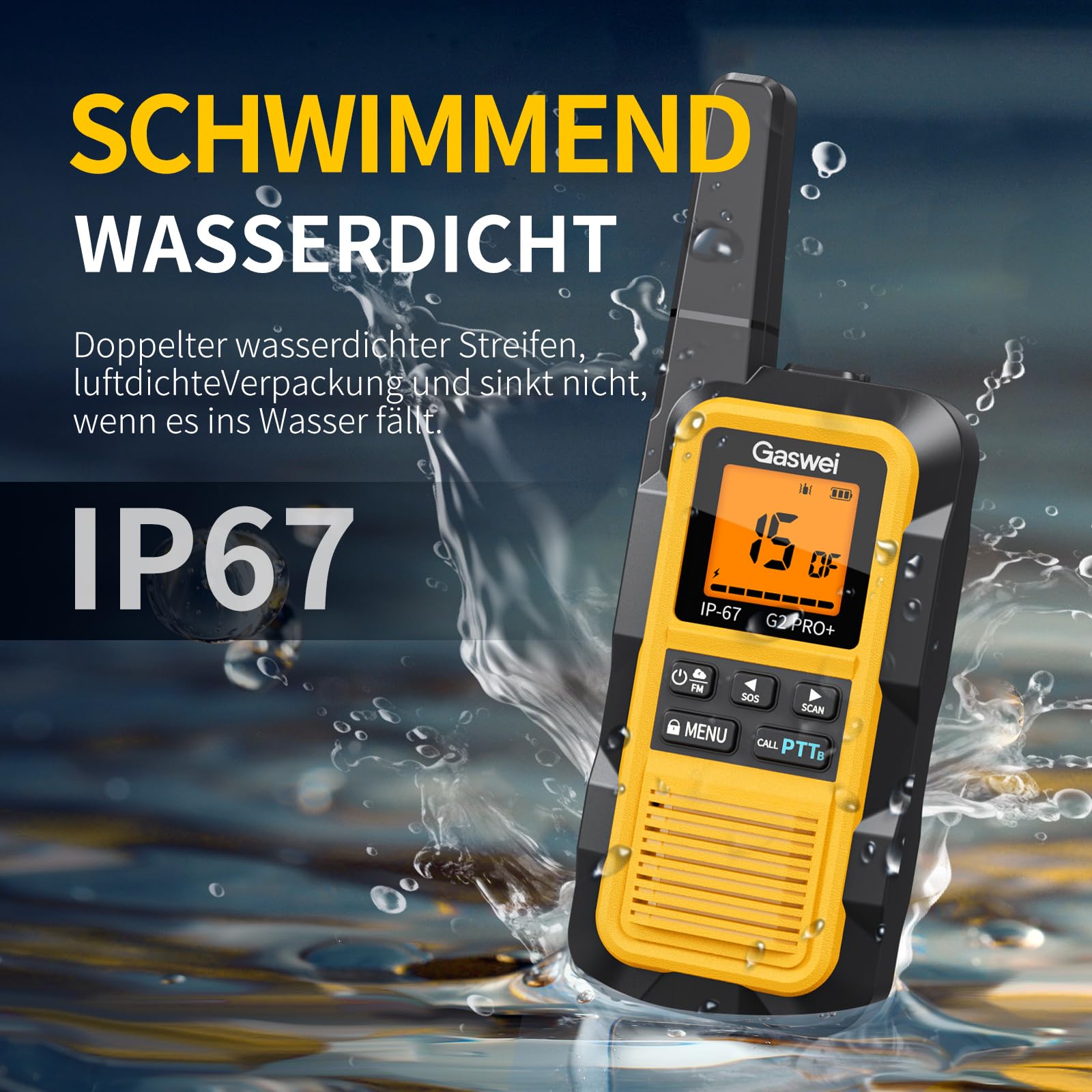 Gaswei G2Pro+ IP67 Wasserdicht Walkie Talkie FM Radio Hohe Reichweite | PMR 446 Profi Funkgerät Set mit VOX & SOS-Alarm,USB-C,Robust & langlebig ideal für Baustelle,Reisen,Camping & Outdoor