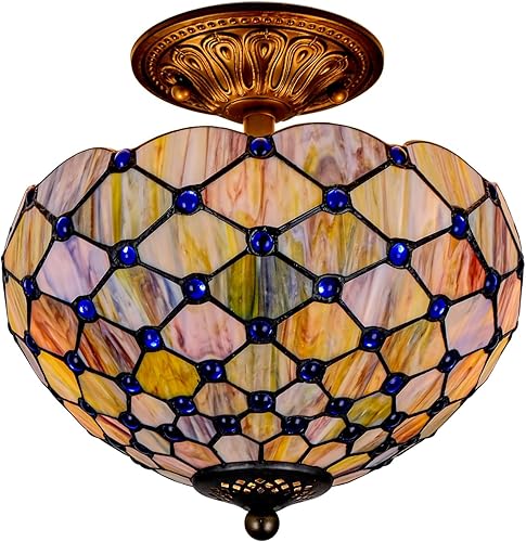 Miniatura 2 de Lámpara de techo Tiffany estilo perlas, lámpara de montaje semiempotrada de vitrales de 12 pulgadas de ancho, 11 pulgadas de alto, declaración de