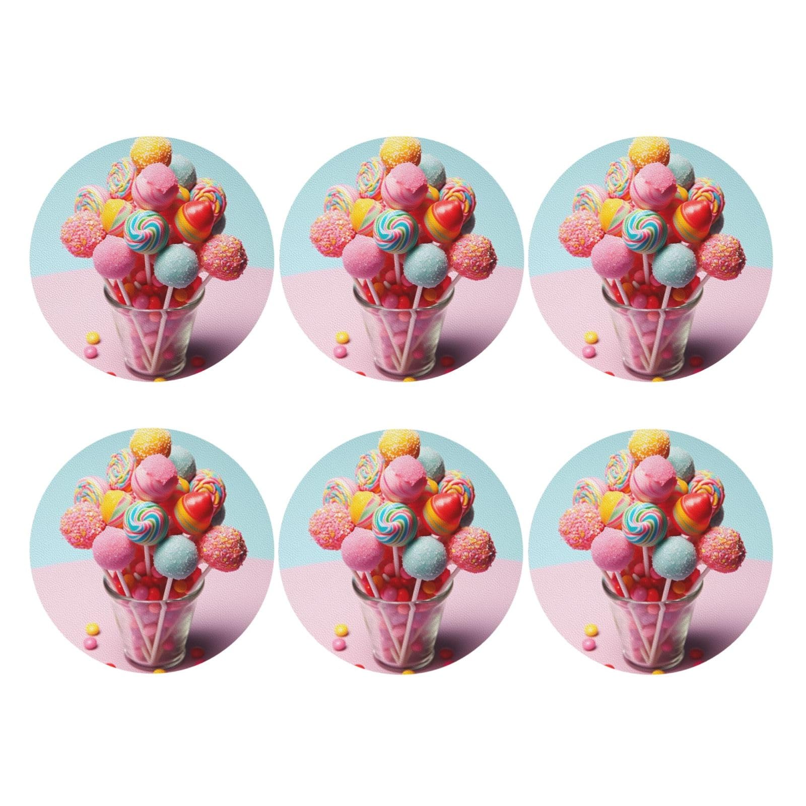 6pcs Leather Coasters for Drinks, Candies Drink Coasters for Tabletop Protection, 4" Cup Coasters for Coffee Table Decor, Non-Slip Drinking Cup Mat for Hot Or Cold Drink