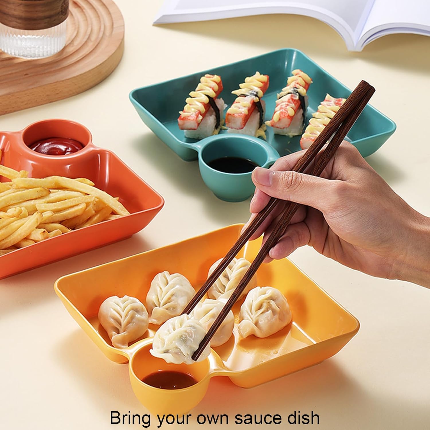 Kolorful Sauce Compartment Plastic Square Tray Dumpling Plate with Round Dip Part Dishes for Serving Tray for Chips Dips,Dumplings,Pasta,Salsa,Tacos, Nachos,Momos,Snacks,Reusable Appetizers (2) 3